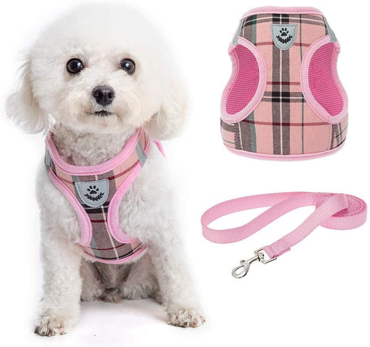Soft Mesh Plaid Puppy Harness - Small Dog Harness and Leash Set, Adjustable & Comfortable Padded Reflective Vest for Puppies and Small Breeds Dogs Walking Animals & Pet Supplies > Pet Supplies > Dog Supplies > Dog Apparel Zonadeals Pink Small (Pack of 1) 