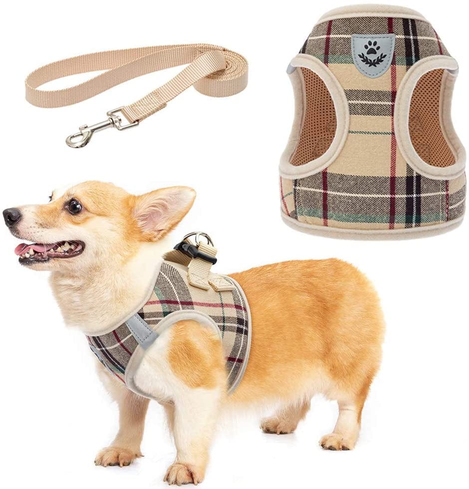 Soft Mesh Plaid Puppy Harness - Small Dog Harness and Leash Set, Adjustable & Comfortable Padded Reflective Vest for Puppies and Small Breeds Dogs Walking Animals & Pet Supplies > Pet Supplies > Dog Supplies > Dog Apparel Zonadeals Beige Medium (Pack of 1) 