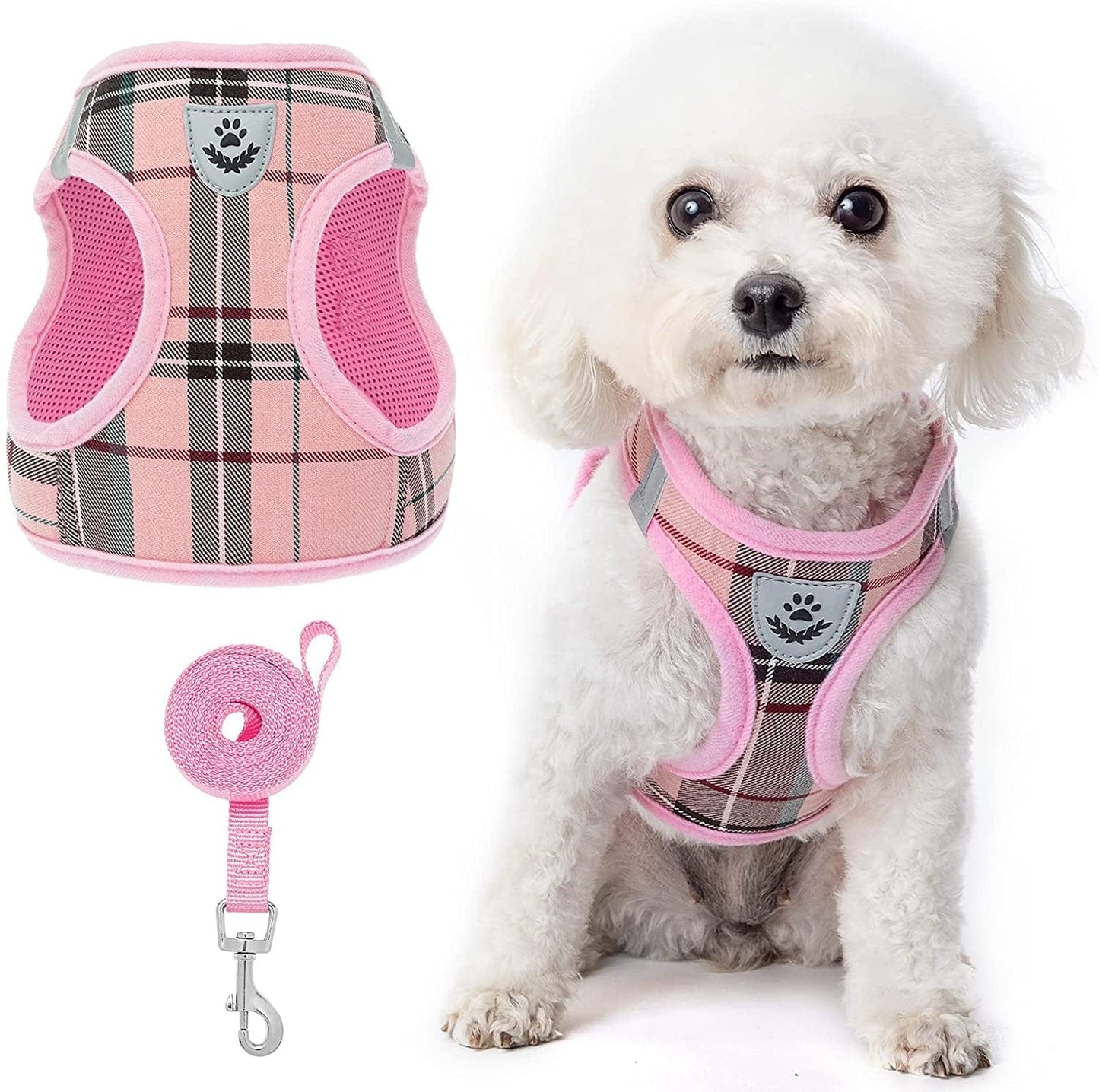 Soft Mesh Plaid Puppy Harness - Small Dog Harness and Leash Set, Adjustable & Comfortable Padded Reflective Vest for Puppies and Small Breeds Dogs Walking Animals & Pet Supplies > Pet Supplies > Dog Supplies > Dog Apparel Zonadeals Pink Medium (Pack of 1) 