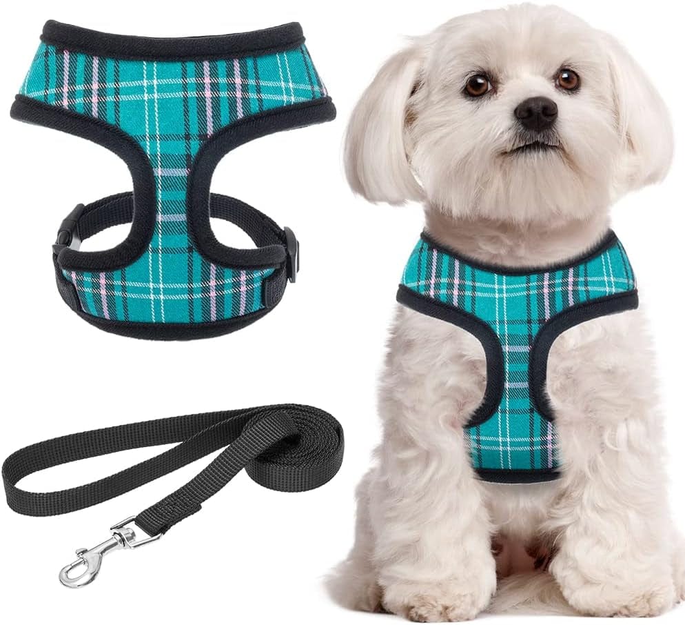 Soft Mesh Plaid Puppy Harness - Small Dog Harness and Leash Set, Adjustable & Comfortable Padded Reflective Vest for Puppies and Small Breeds Dogs Walking Animals & Pet Supplies > Pet Supplies > Dog Supplies > Dog Apparel Zonadeals Deep Green Small (Pack of 1) 