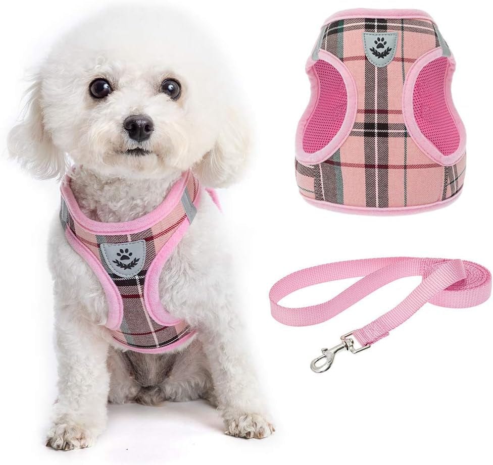 Soft Mesh Plaid Puppy Harness - Small Dog Harness and Leash Set, Adjustable & Comfortable Padded Reflective Vest for Puppies and Small Breeds Dogs Walking Animals & Pet Supplies > Pet Supplies > Dog Supplies > Dog Apparel Zonadeals Pink X-Small (Pack of 1) 