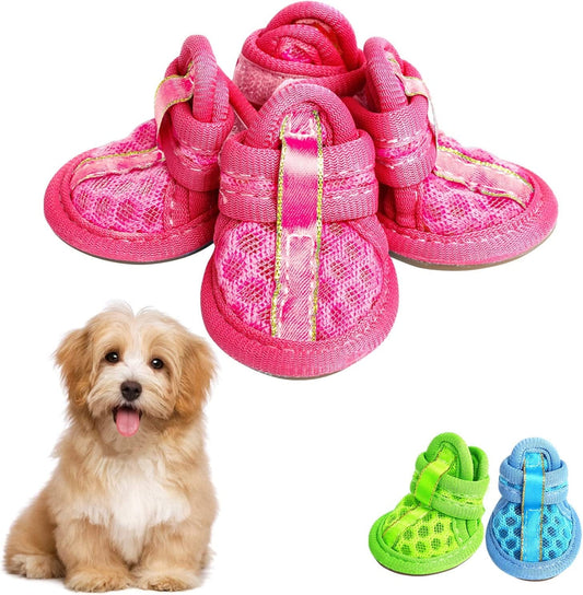SUNFURA Dog Shoes Pet Boots, Breathable Soft Mesh Dog Sandals with Rugged Anti-Slip Sole, Adjustable Paw Protector Self-Adhesive Sticker for Summer(Pink,Small) Animals & Pet Supplies > Pet Supplies > Dog Supplies > Dog Apparel SUNFURA Pink S-2# 
