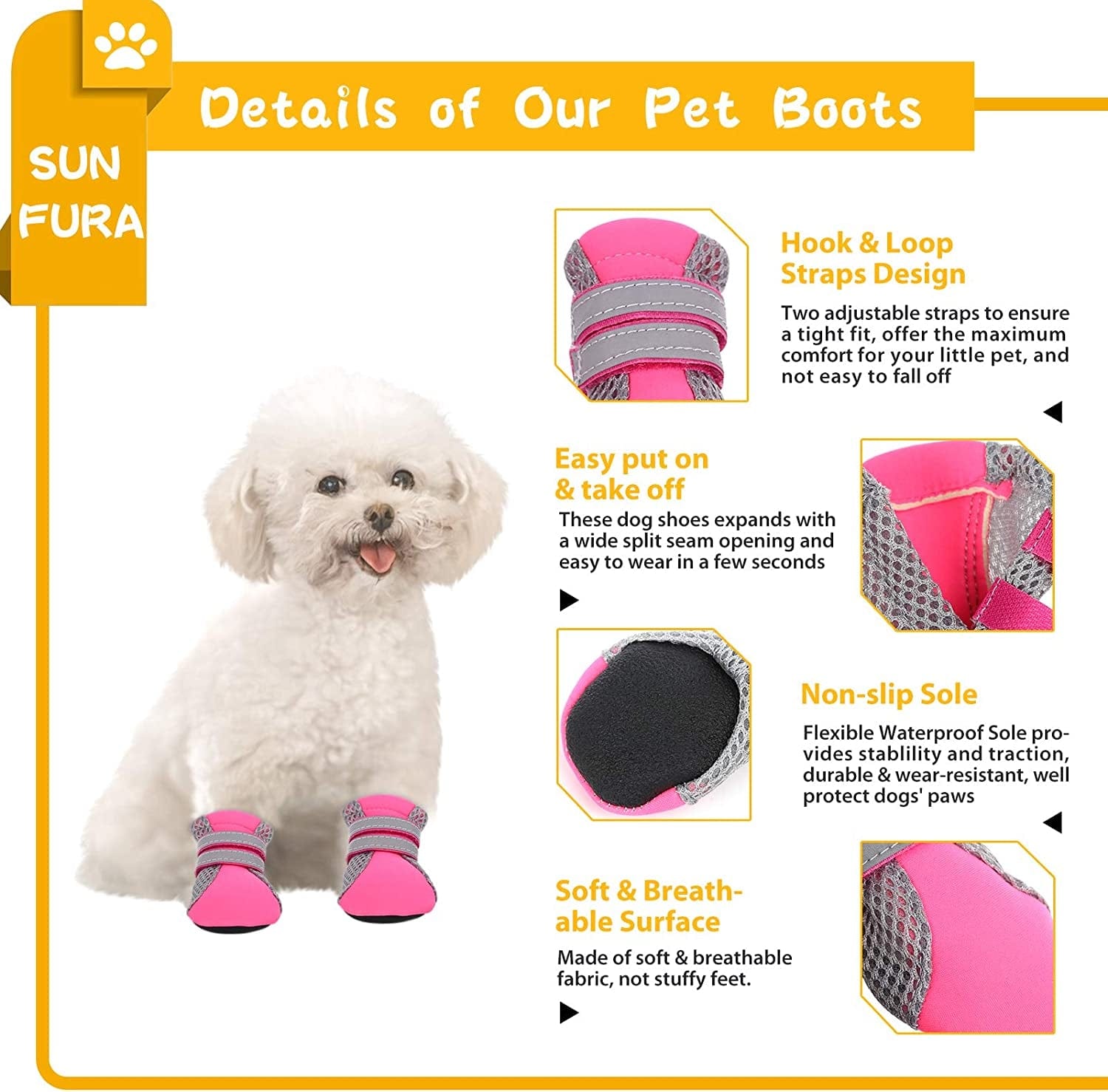 SUNFURA Lightweight Dog Boots, Breathable Mesh Dog Shoes with Adjustable Reflective Magic Sticker Strips and Rugged Anti-Slip Sole, Outdoor Booties Pet Paw Protector for Small Medium Dogs (Pink, XL) Animals & Pet Supplies > Pet Supplies > Dog Supplies > Dog Apparel SUNFURA   