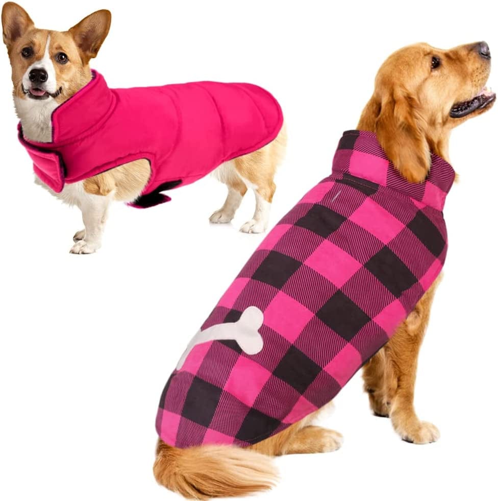SUNFURA Plaid Dog Coat, British Style Dog Winter Jacket Outdoor Dog Vest with Windproof Collar and Leash Hole, Buffalo Plaid Dog Cold Weather Coats Warm Clothes Pet Apparel for Small Medium Large Dogs Animals & Pet Supplies > Pet Supplies > Dog Supplies > Dog Apparel SUNFURA Hot Pink Large 