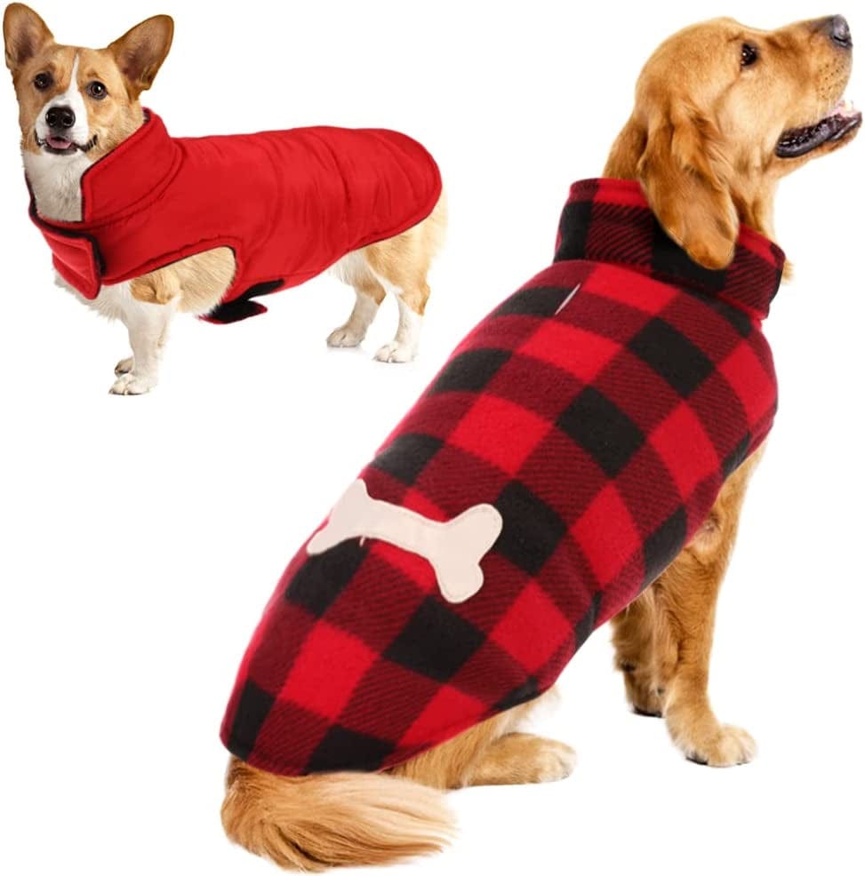 SUNFURA Plaid Dog Coat, British Style Dog Winter Jacket Outdoor Dog Vest with Windproof Collar and Leash Hole, Buffalo Plaid Dog Cold Weather Coats Warm Clothes Pet Apparel for Small Medium Large Dogs Animals & Pet Supplies > Pet Supplies > Dog Supplies > Dog Apparel SUNFURA Red Large 