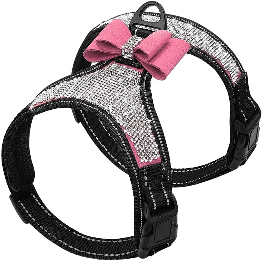 SXNBH Fashion Reflective Bling Rhinestone Dog Harness Nylon Pitbull Pug Small Medium Dogs Harnesses Vest with Bowknot Dog Accessories Animals & Pet Supplies > Pet Supplies > Dog Supplies > Dog Apparel chuju Black L 