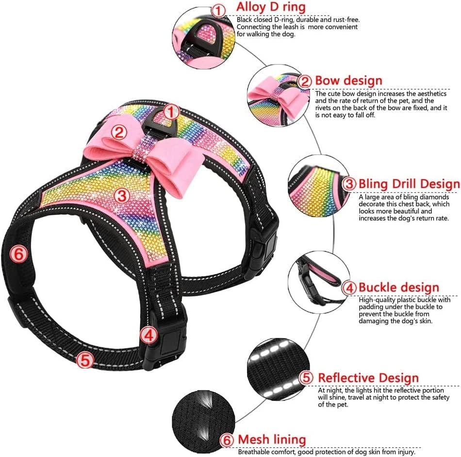 SXNBH Fashion Reflective Bling Rhinestone Dog Harness Nylon Pitbull Pug Small Medium Dogs Harnesses Vest with Bowknot Dog Accessories Animals & Pet Supplies > Pet Supplies > Dog Supplies > Dog Apparel chuju   