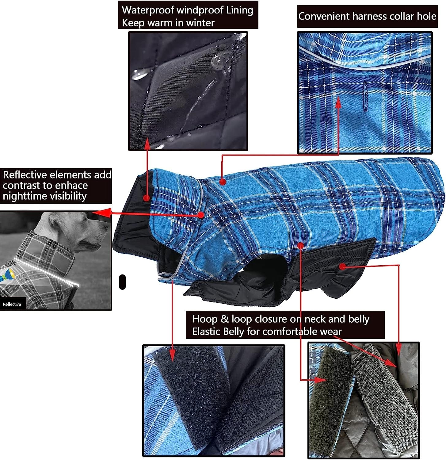 Sychien Dog Plaid Reflective Large Coat,Winter Warm Windproof Waterproof Plaid Jacket,Thunder Anxiety Calming Coats for Boy Girl Labrador Dogs,Blue XXXL Animals & Pet Supplies > Pet Supplies > Dog Supplies > Dog Apparel Sychien   