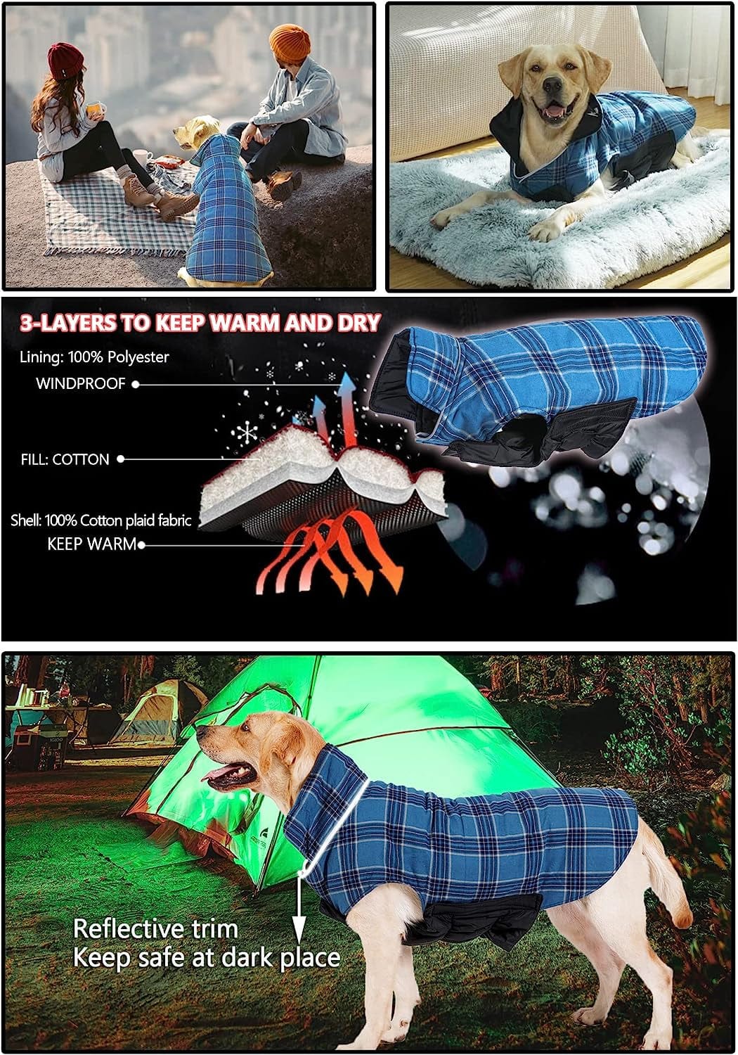 Sychien Dog Plaid Reflective Large Coat,Winter Warm Windproof Waterproof Plaid Jacket,Thunder Anxiety Calming Coats for Boy Girl Labrador Dogs,Blue XXXL Animals & Pet Supplies > Pet Supplies > Dog Supplies > Dog Apparel Sychien   