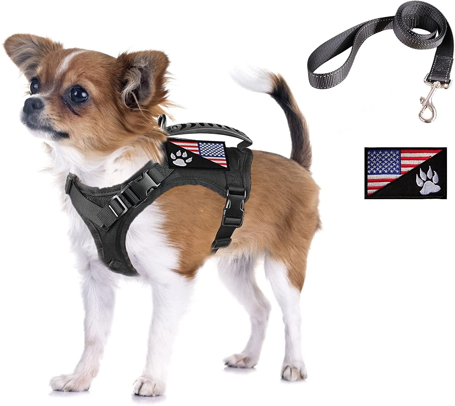 Tactical Dog Harness Tactical Puppy Vest with Rubber Handle K9 Military Adjustable Pet Vest Harness for Outdoor Training XS Dog Harness (Brown Harness) Animals & Pet Supplies > Pet Supplies > Dog Supplies > Dog Apparel FXGOING Black harness with leash  