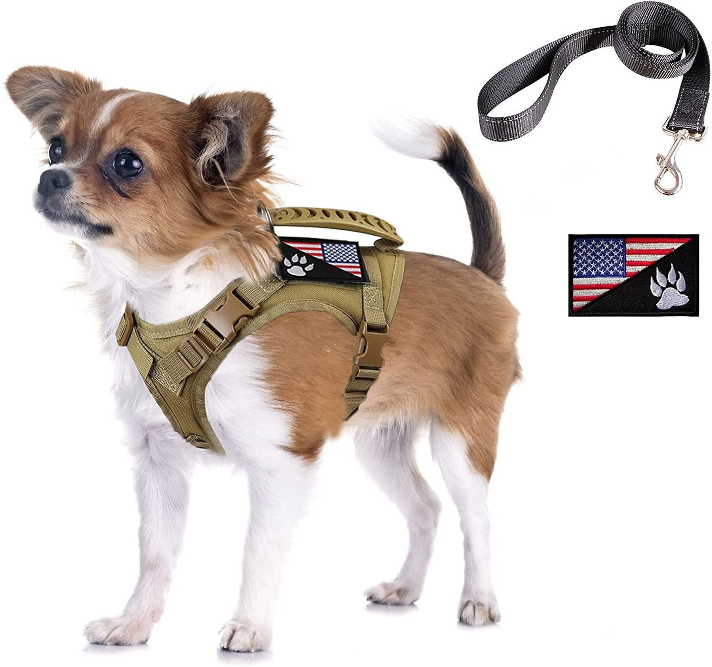 Tactical Dog Harness Tactical Puppy Vest with Rubber Handle K9 Military Adjustable Pet Vest Harness for Outdoor Training XS Dog Harness (Brown Harness) Animals & Pet Supplies > Pet Supplies > Dog Supplies > Dog Apparel FXGOING Brown harness with leash  