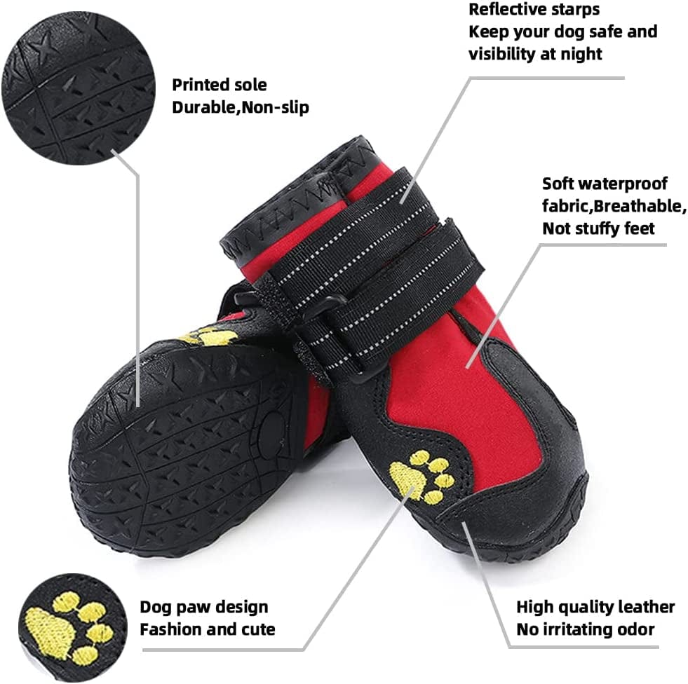 Tänzedzm Dog Boots, Waterproof Breathable Dog Shoes with Reflective Webbing, Non-Slip Dog Shoes, Suitable for Medium and Large Dogs 4Pcs (Size1:W:1.6" for 14 Lbs, RED) Animals & Pet Supplies > Pet Supplies > Dog Supplies > Dog Apparel MGZCW   