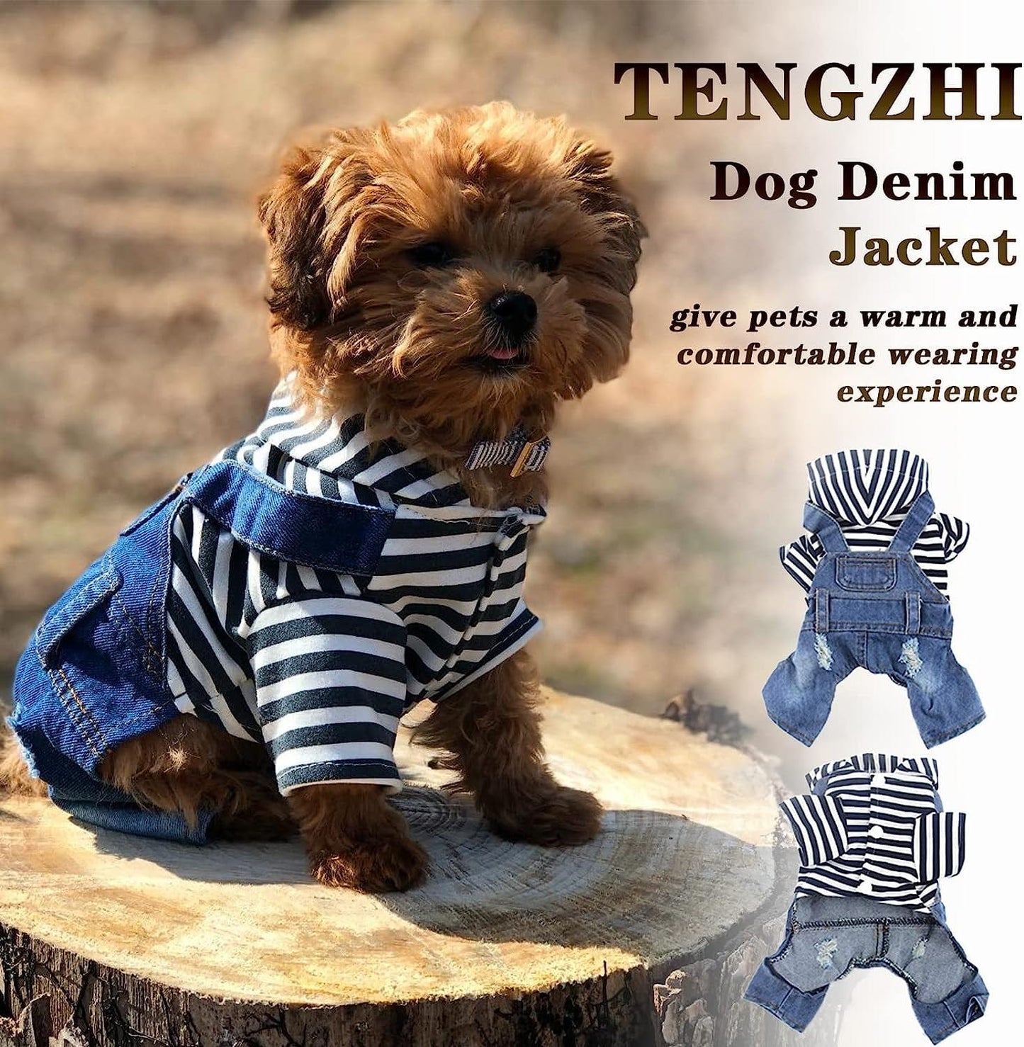 TENGZHI Dog Denim Jumpsuits Blue Striped Puppy Jean Jacket Hoodie Yorkie French Bulldog Overalls Coat Pet Clothes for Small Medium Dogs Cats Boy Girl (S) Animals & Pet Supplies > Pet Supplies > Dog Supplies > Dog Apparel Yi Wu Shi Teng Zhi Dian Zi Shang Wu You Xian Gong Si   