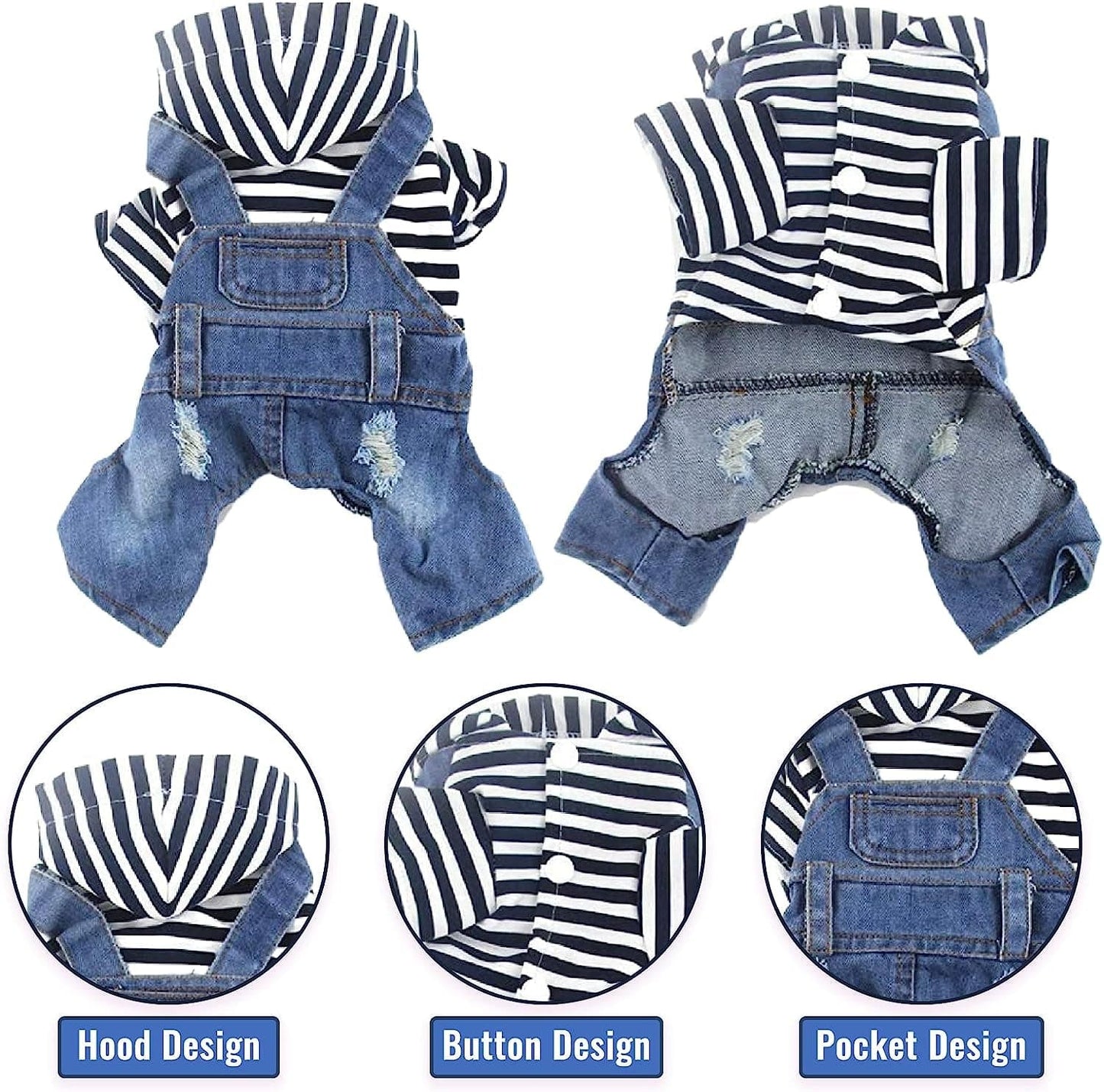 TENGZHI Dog Denim Jumpsuits Blue Striped Puppy Jean Jacket Hoodie Yorkie French Bulldog Overalls Coat Pet Clothes for Small Medium Dogs Cats Boy Girl (S) Animals & Pet Supplies > Pet Supplies > Dog Supplies > Dog Apparel Yi Wu Shi Teng Zhi Dian Zi Shang Wu You Xian Gong Si   