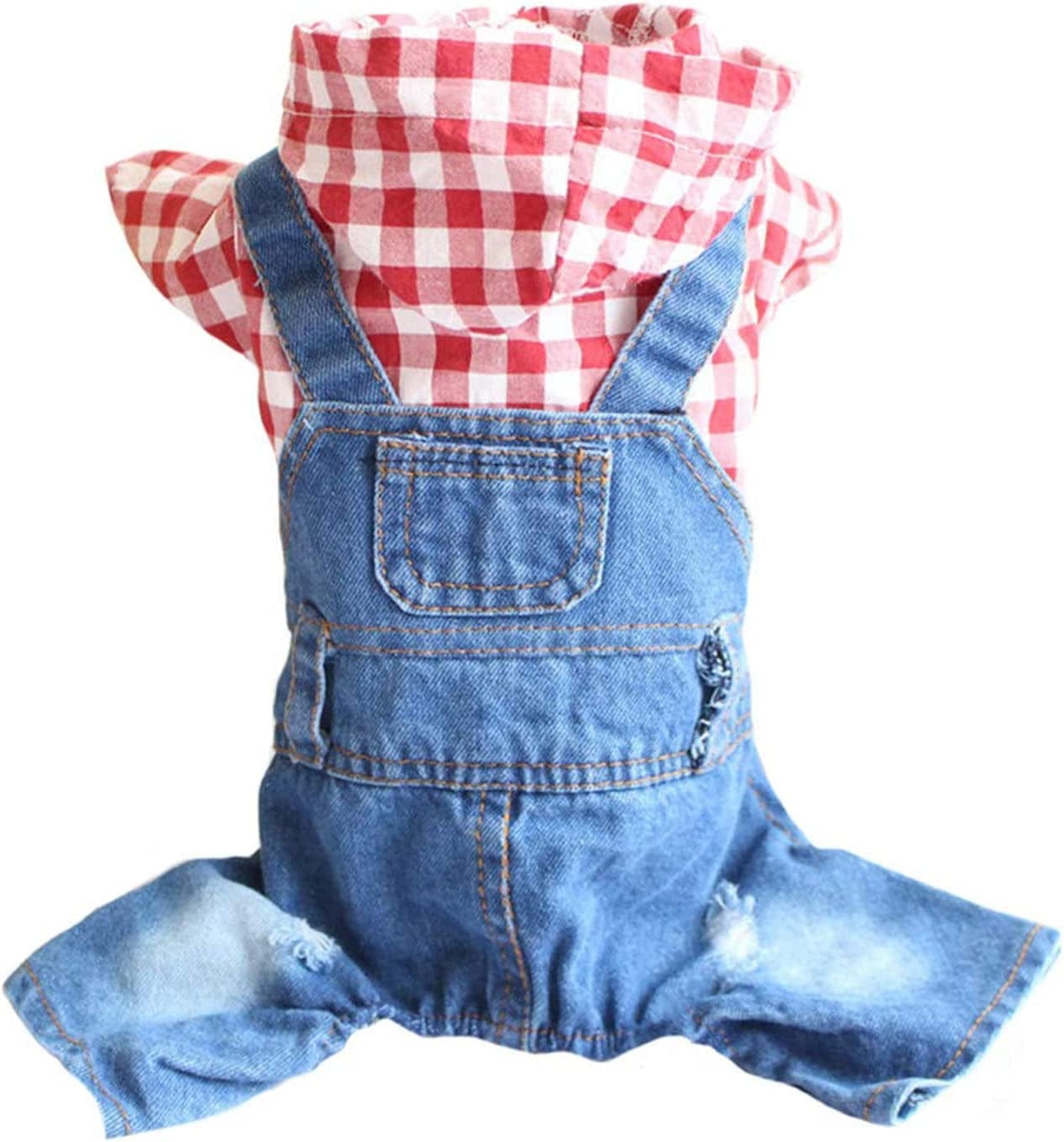 TENGZHI Dog Denim Jumpsuits Blue Striped Puppy Jean Jacket Hoodie Yorkie French Bulldog Overalls Coat Pet Clothes for Small Medium Dogs Cats Boy Girl (S) Animals & Pet Supplies > Pet Supplies > Dog Supplies > Dog Apparel Yi Wu Shi Teng Zhi Dian Zi Shang Wu You Xian Gong Si RED Grid XL (Fits 13-15 lbs) 