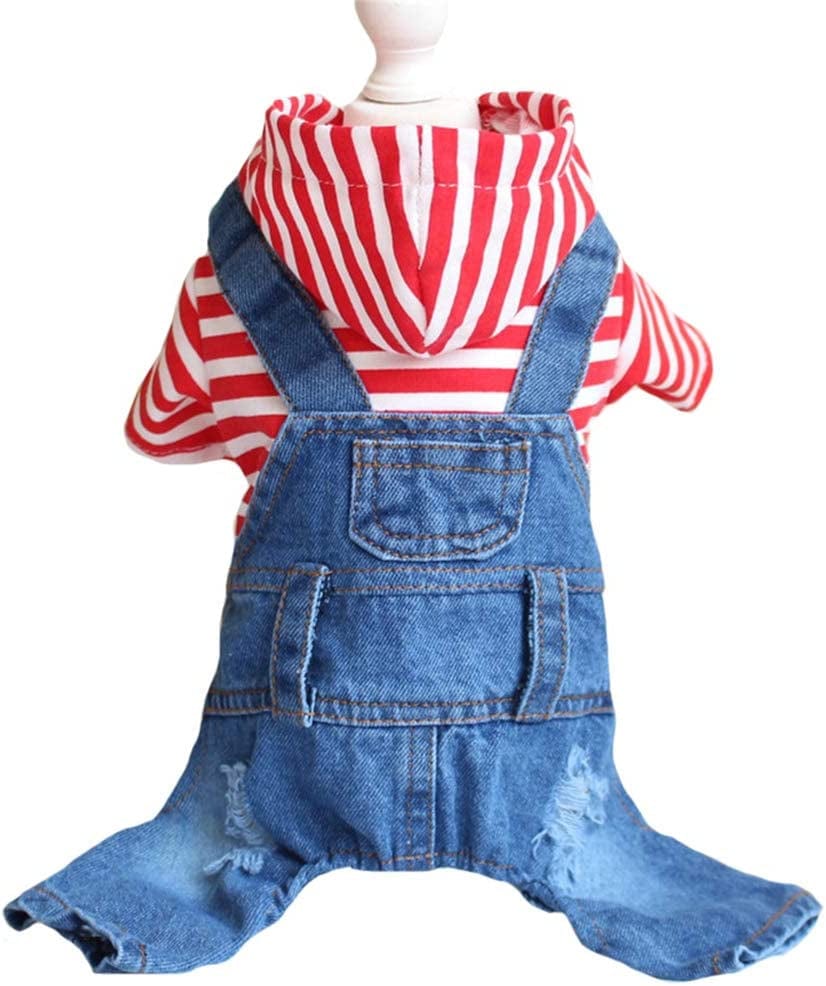 TENGZHI Dog Denim Jumpsuits Blue Striped Puppy Jean Jacket Hoodie Yorkie French Bulldog Overalls Coat Pet Clothes for Small Medium Dogs Cats Boy Girl (S) Animals & Pet Supplies > Pet Supplies > Dog Supplies > Dog Apparel Yi Wu Shi Teng Zhi Dian Zi Shang Wu You Xian Gong Si RED Striped XL (Fits 13-15 lbs) 