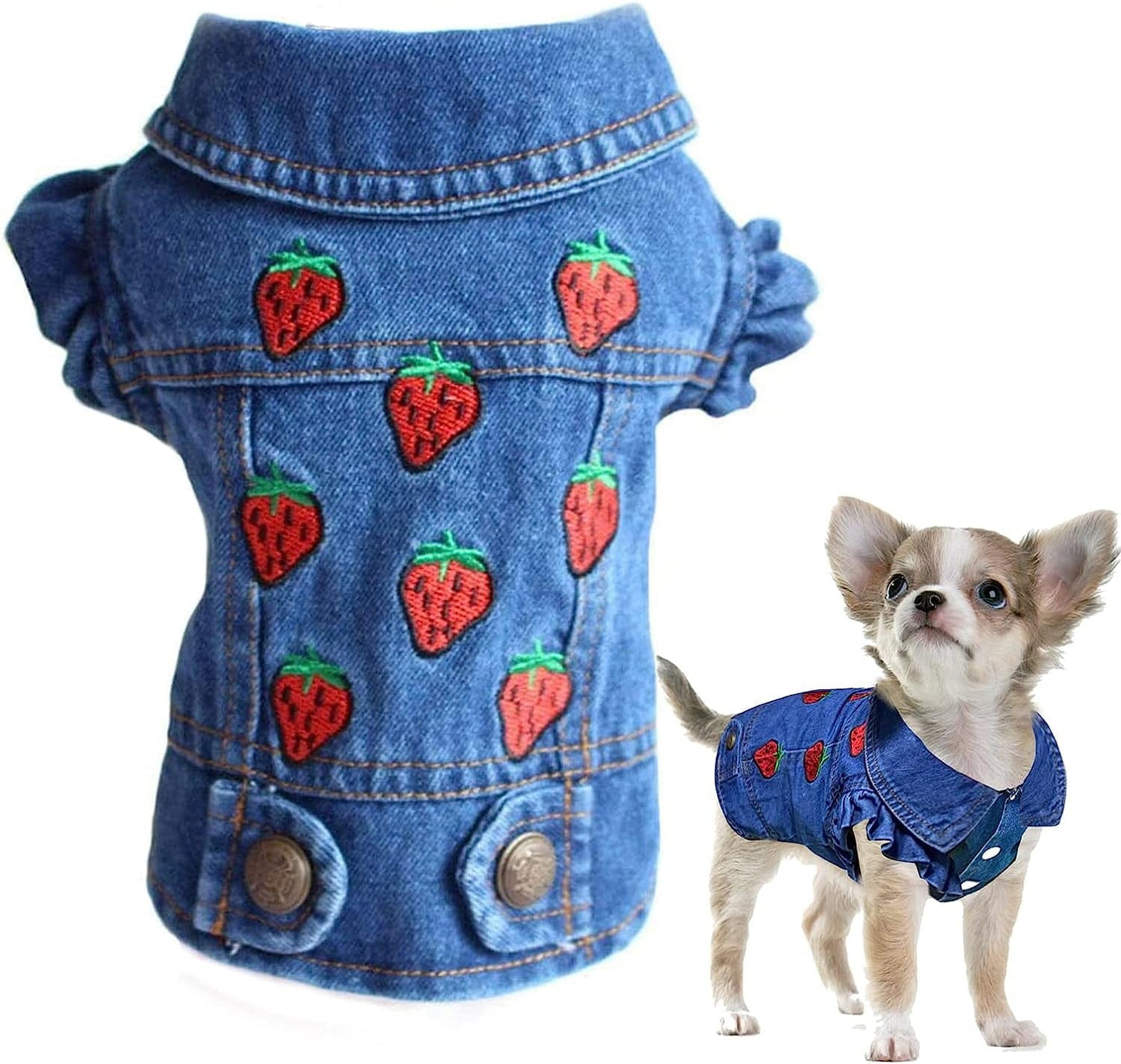 TENGZHI Dog Jeans Jacket Puppy Blue Denim Lapel Vest Coat Classic Puppy Vintage Clothes Cool Puppy Machine Washable Coat for Small Medium Dogs Girl Boy Animals & Pet Supplies > Pet Supplies > Dog Supplies > Dog Apparel Yi Wu Shi Teng Zhi Dian Zi Shang Wu You Xian Gong Si Strawberry XL (Fits 11-13lbs) 