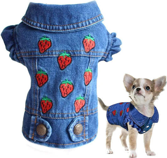TENGZHI Dog Jeans Jacket Puppy Blue Denim Lapel Vest Coat Classic Puppy Vintage Clothes Cool Puppy Machine Washable Coat for Small Medium Dogs Girl Boy Animals & Pet Supplies > Pet Supplies > Dog Supplies > Dog Apparel Yi Wu Shi Teng Zhi Dian Zi Shang Wu You Xian Gong Si Strawberry XL (Fits 11-13lbs) 