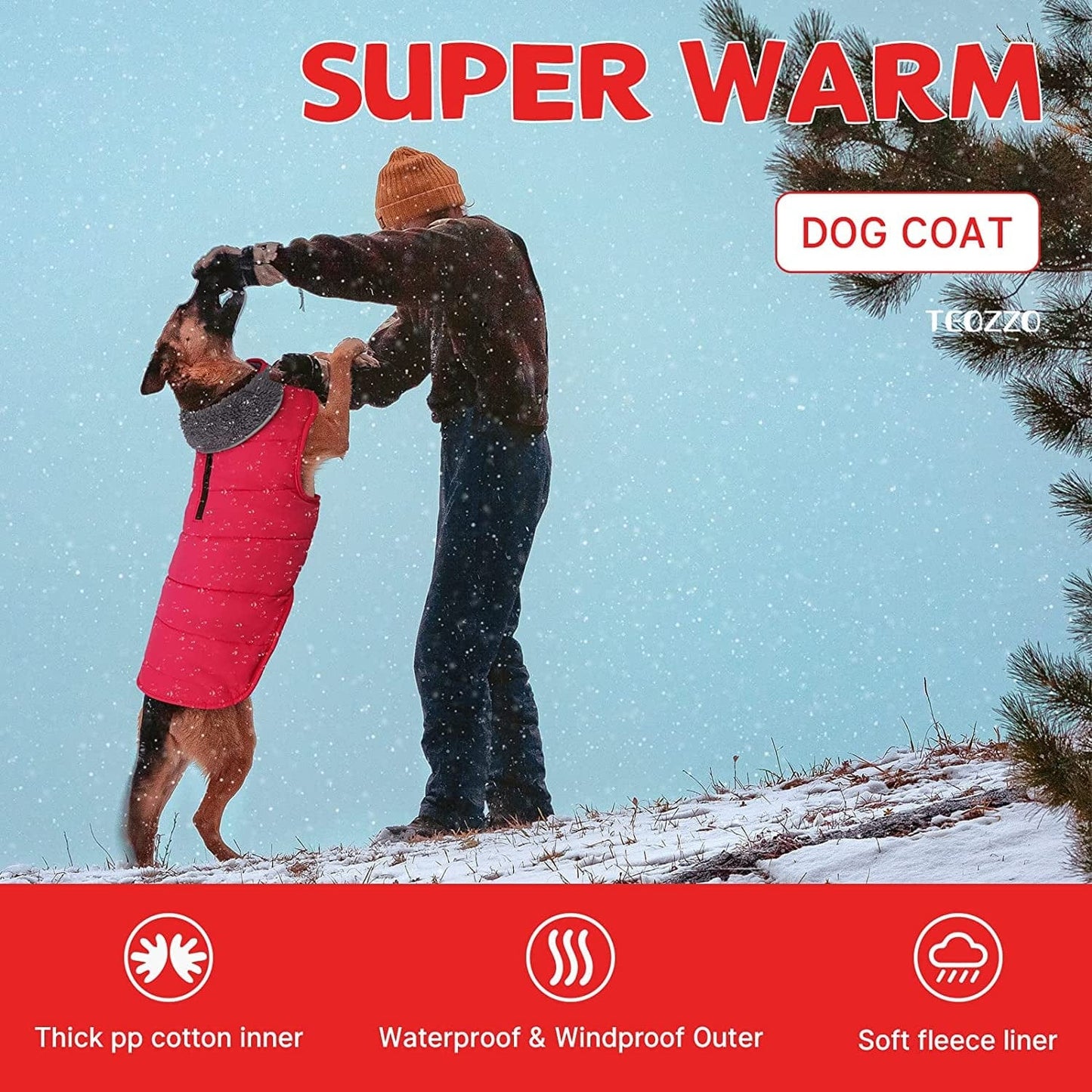 TEOZZO Dog Winter Coats - Waterproof Dog Snow Jackets Windproof Fleece Lined Dog Apparel Vest with Leash Hole Dog Cold Weather Coats for Large Dogs Red Animals & Pet Supplies > Pet Supplies > Dog Supplies > Dog Apparel TEOZZO   