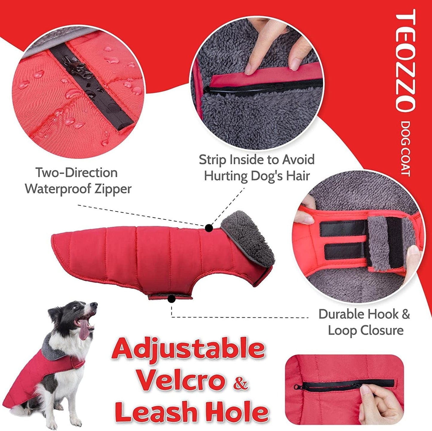 TEOZZO Dog Winter Coats - Waterproof Dog Snow Jackets Windproof Fleece Lined Dog Apparel Vest with Leash Hole Dog Cold Weather Coats for Large Dogs Red Animals & Pet Supplies > Pet Supplies > Dog Supplies > Dog Apparel TEOZZO   