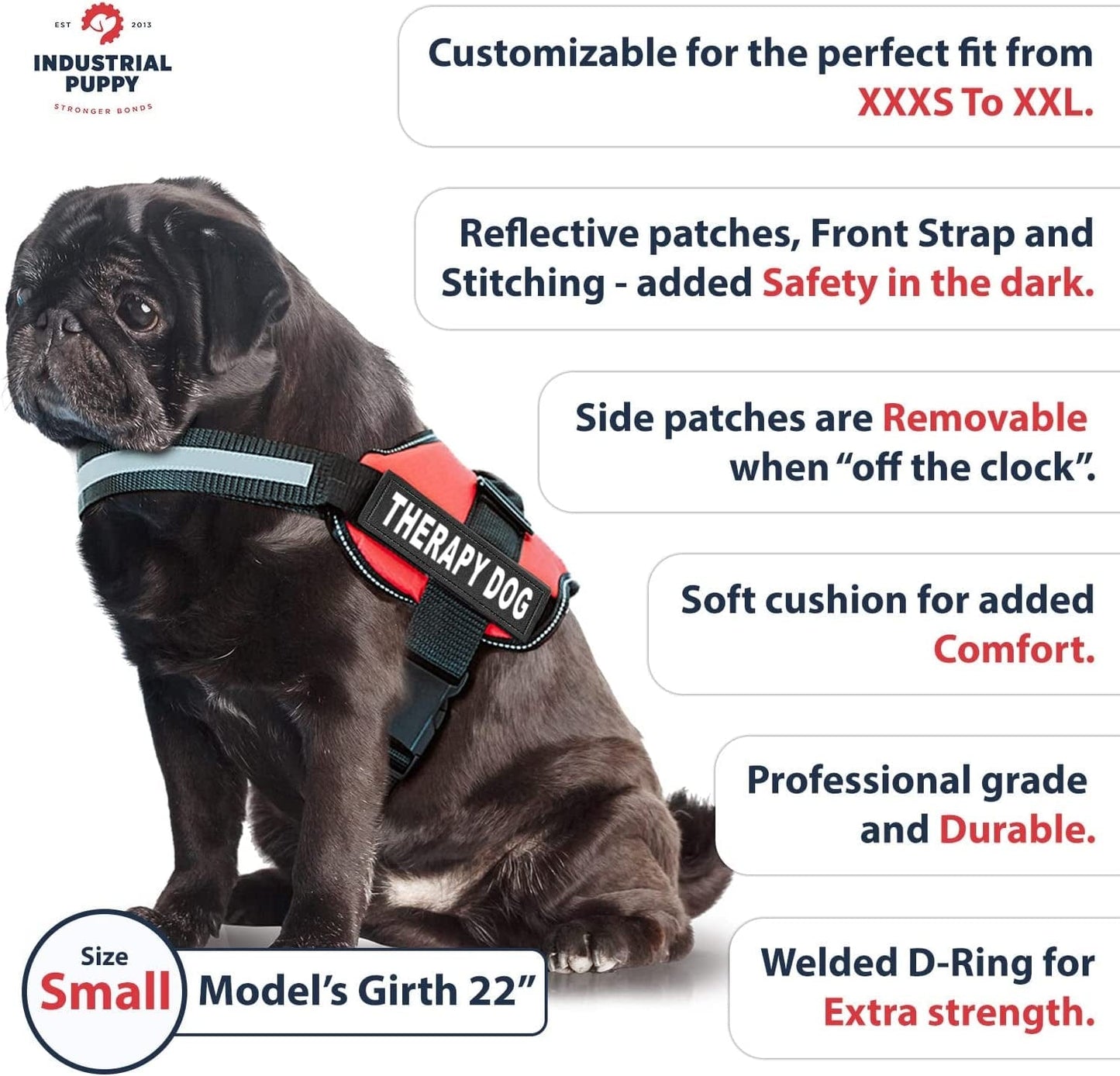 Therapy Dog Vest Harness with Hook and Loop Straps and Handle - Harnesses in 7 Sizes from XXS to XXL - Therapy Dog in Training Vest Features Reflective Therapy Dog Patch Animals & Pet Supplies > Pet Supplies > Dog Supplies > Dog Apparel Industrial Puppy   