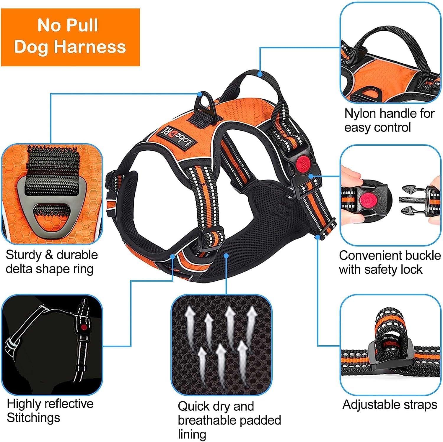 Tobedri No Pull Dog Harness, Adjustable Soft Padded Dog Vest, Reflective No-Choke Pet Oxford Vest with Easy Control Handle for Small Medium Large Dogs Animals & Pet Supplies > Pet Supplies > Dog Supplies > Dog Apparel tobedri   