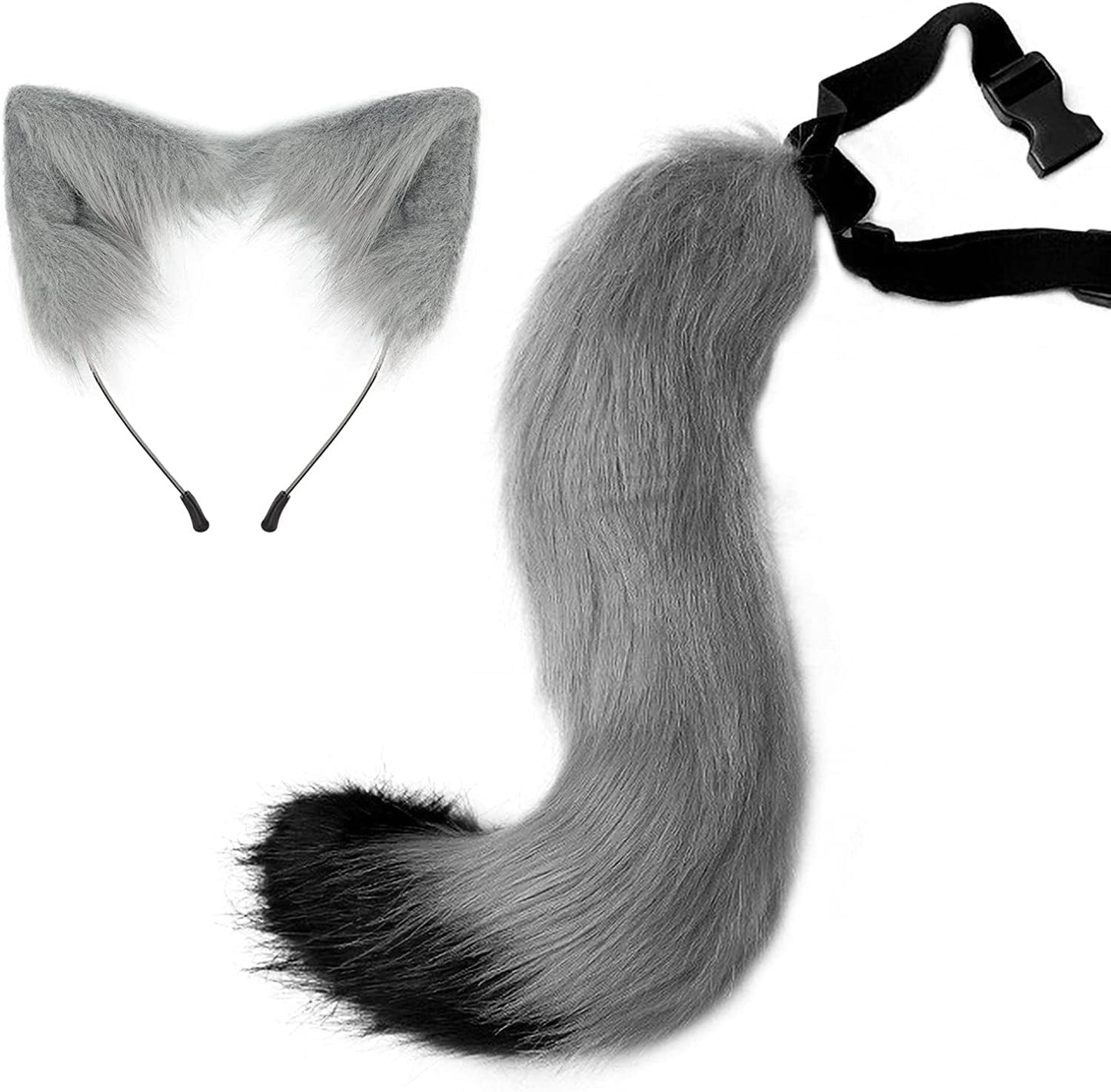 Upwalker Faux Fur Dog Ears Headband Furry Cosplay Fox Tail Halloween Costumes for Adult Animals & Pet Supplies > Pet Supplies > Dog Supplies > Dog Apparel UPWalker Grey/Black Medium 