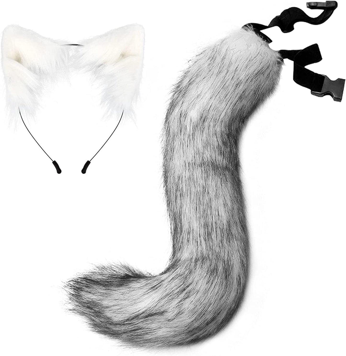 Upwalker Faux Fur Dog Ears Headband Furry Cosplay Fox Tail Halloween Costumes for Adult Animals & Pet Supplies > Pet Supplies > Dog Supplies > Dog Apparel UPWalker Grey/White Medium 