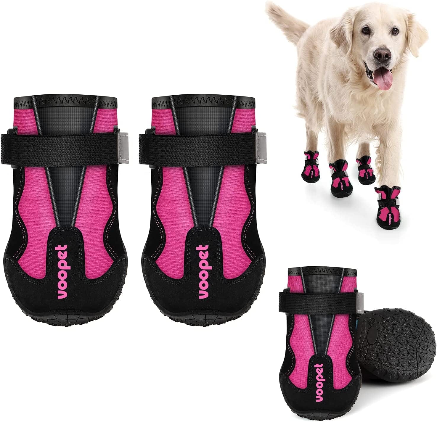 VOOPET Dog Booties for Hot Pavement Dog Shoes Paw Protectors, Waterproof Dog Hiking Boots Avoid Injury with Reflective Nylon Elastic Straps - Stay on Well & Non Slip Outsole Safety for Snowy Mudd Animals & Pet Supplies > Pet Supplies > Dog Supplies > Dog Apparel VOOPET Rose Size 8 (Pack of 4) 
