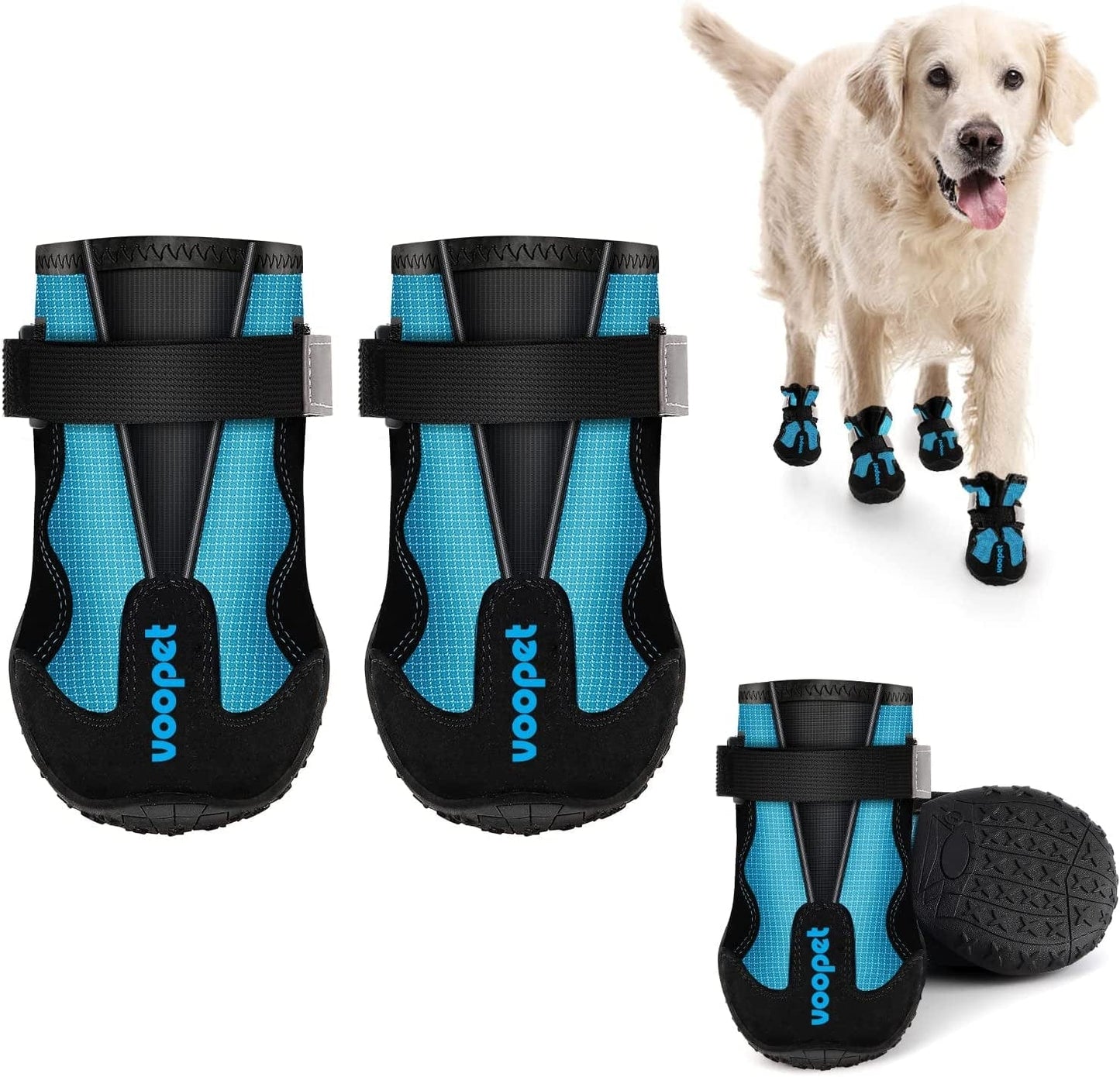 VOOPET Dog Booties for Hot Pavement Dog Shoes Paw Protectors, Waterproof Dog Hiking Boots Avoid Injury with Reflective Nylon Elastic Straps - Stay on Well & Non Slip Outsole Safety for Snowy Mudd Animals & Pet Supplies > Pet Supplies > Dog Supplies > Dog Apparel VOOPET Blue Size 3 (Pack of 4) 