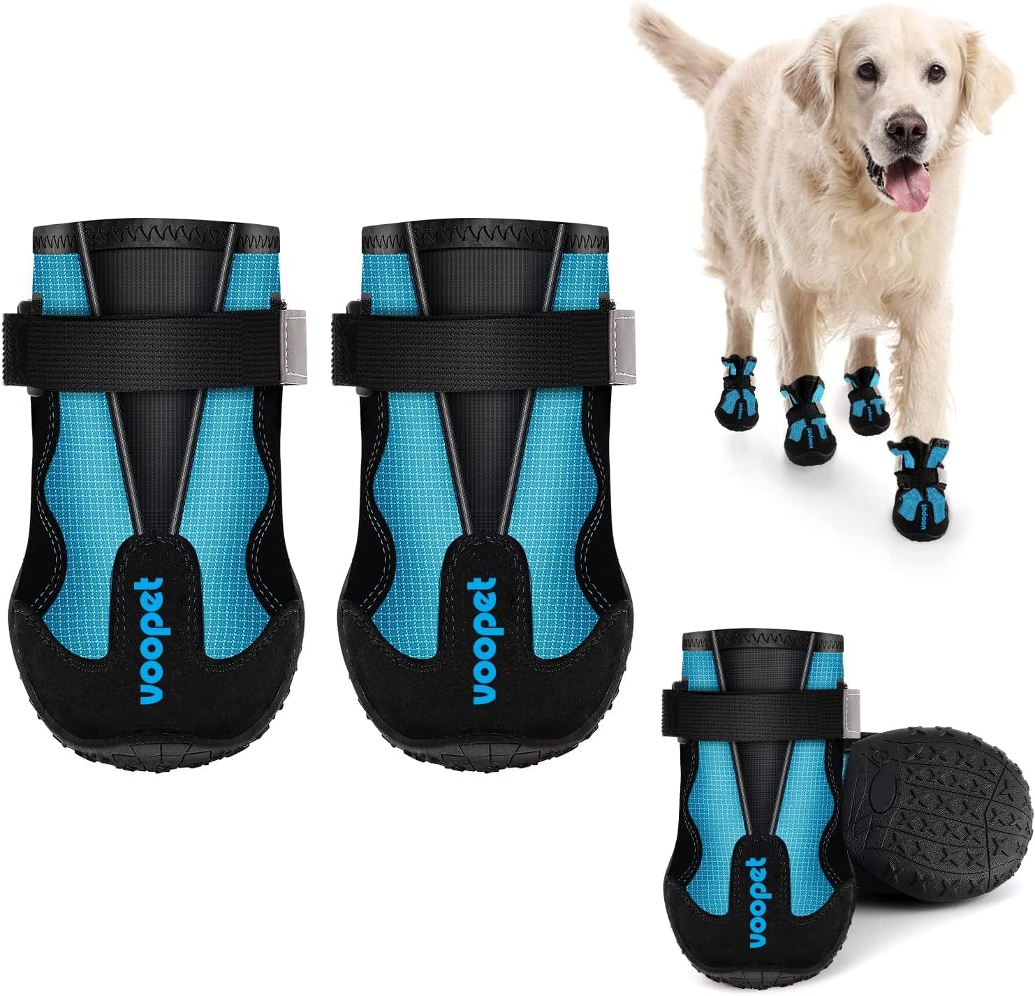 VOOPET Dog Booties for Hot Pavement Dog Shoes Paw Protectors, Waterproof Dog Hiking Boots Avoid Injury with Reflective Nylon Elastic Straps - Stay on Well & Non Slip Outsole Safety for Snowy Mudd Animals & Pet Supplies > Pet Supplies > Dog Supplies > Dog Apparel VOOPET Blue Size 3 (Pack of 4) 