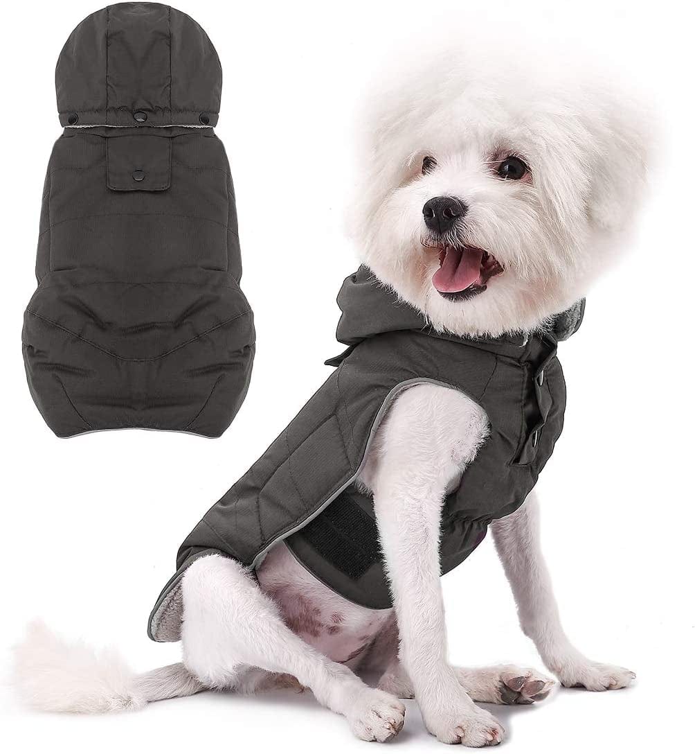 VOOPET Warm Dog Jacket, Snowproof Windproof Waterproof Dog Winter Coat for Cold Weather - Soft Fleece Lining and Warm Thick Padded Dog Snow Coat with Detachable Hood for Puppy Small Medium Dogs Animals & Pet Supplies > Pet Supplies > Dog Supplies > Dog Apparel voopet Grey Small (Pack of 1) 