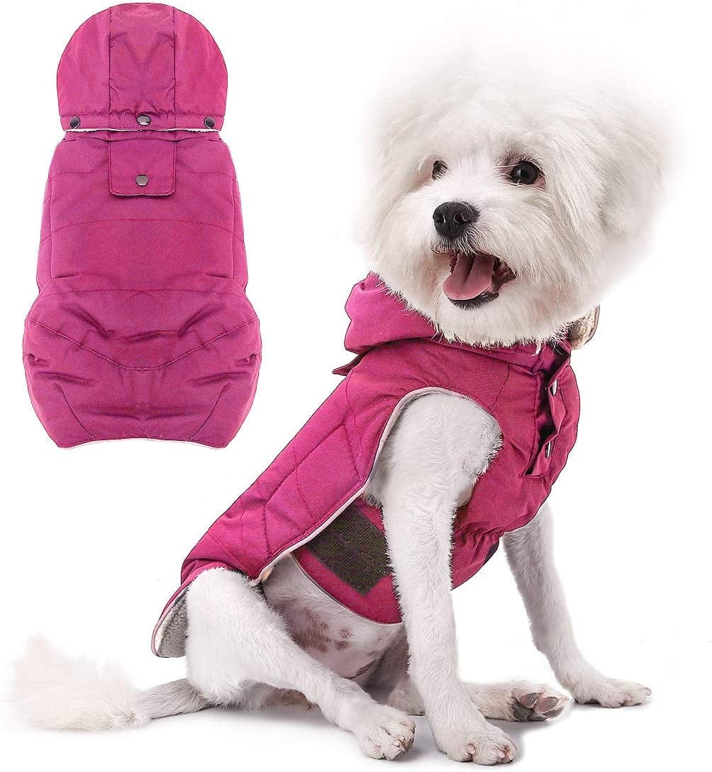 VOOPET Warm Dog Jacket, Snowproof Windproof Waterproof Dog Winter Coat for Cold Weather - Soft Fleece Lining and Warm Thick Padded Dog Snow Coat with Detachable Hood for Puppy Small Medium Dogs Animals & Pet Supplies > Pet Supplies > Dog Supplies > Dog Apparel voopet Rose Red Small (Pack of 1) 