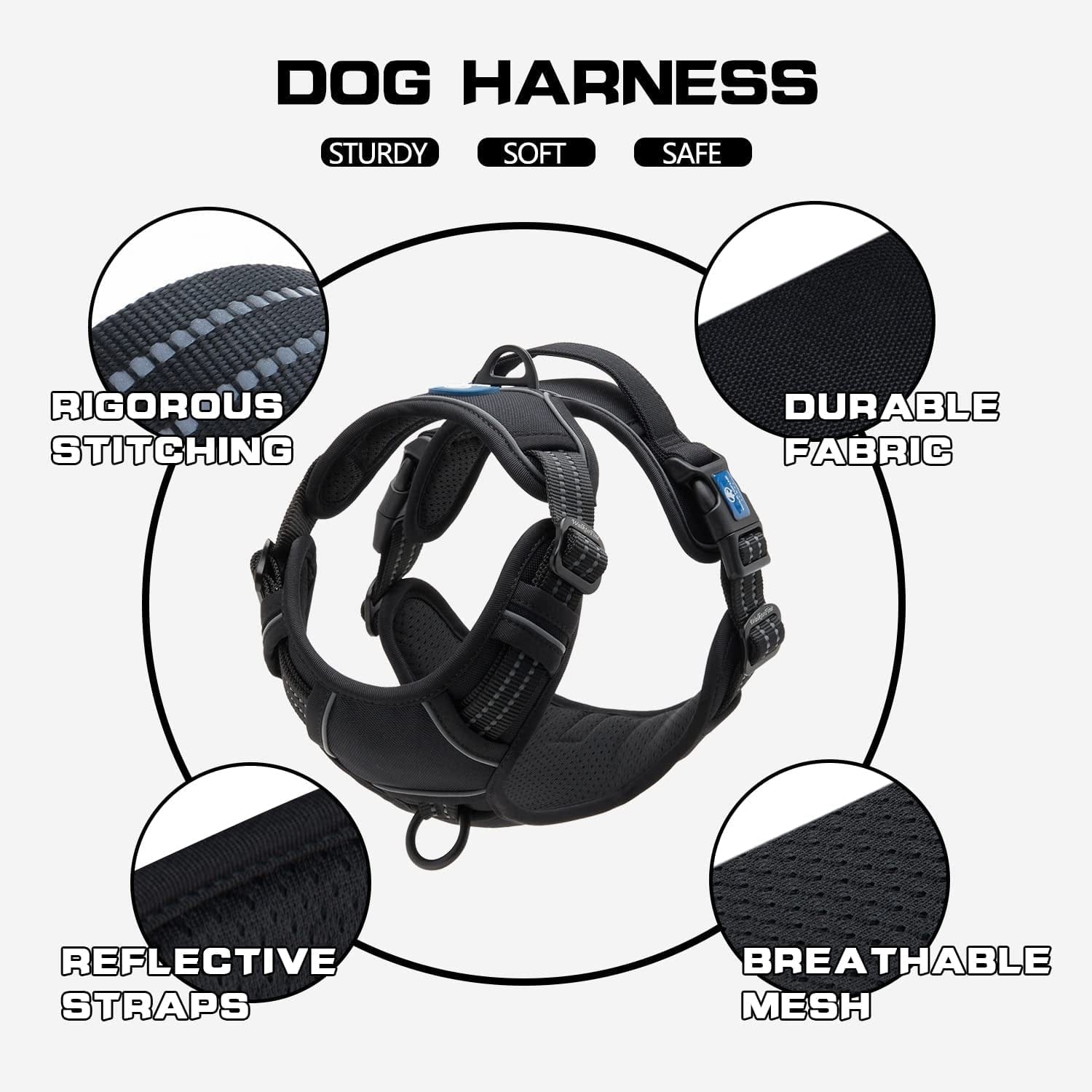 WALKTOFINE Dog Harness, No Pull Reflective Adjustable Dog Harnesses with 2 Leash Clips, Dog Vest Harness with Easy Control Handle for Small Medium Large Dogs (L, Black) Animals & Pet Supplies > Pet Supplies > Dog Supplies > Dog Apparel WALKTOFINE   