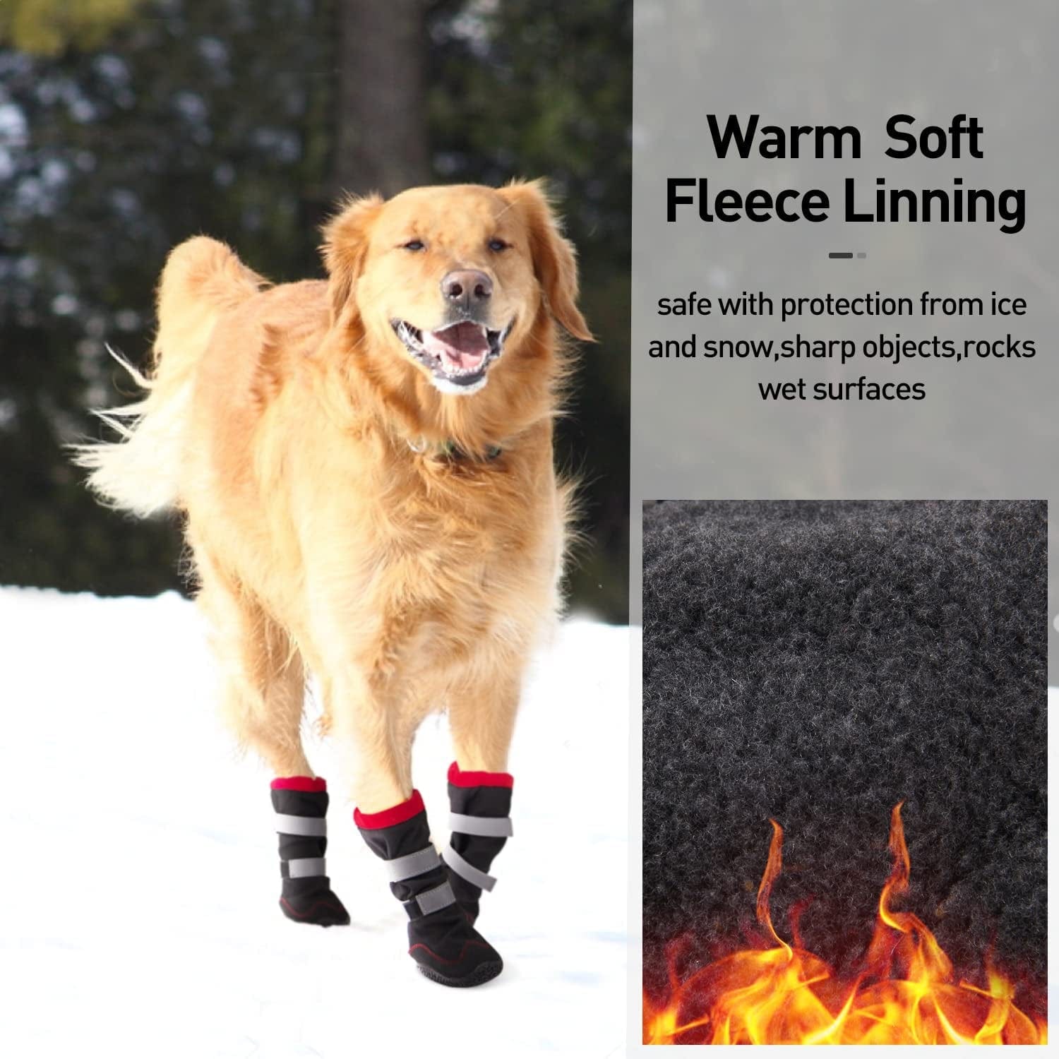 Warm Dog Boots - Fleece Lined Dog Shoes for Medium Large Dogs with Drawstring - Winter Dog Snow Boots with Anti-Slip Rugged Sole - Reflective Waterproof Dog Booties for Walking Hiking Running Outdoor