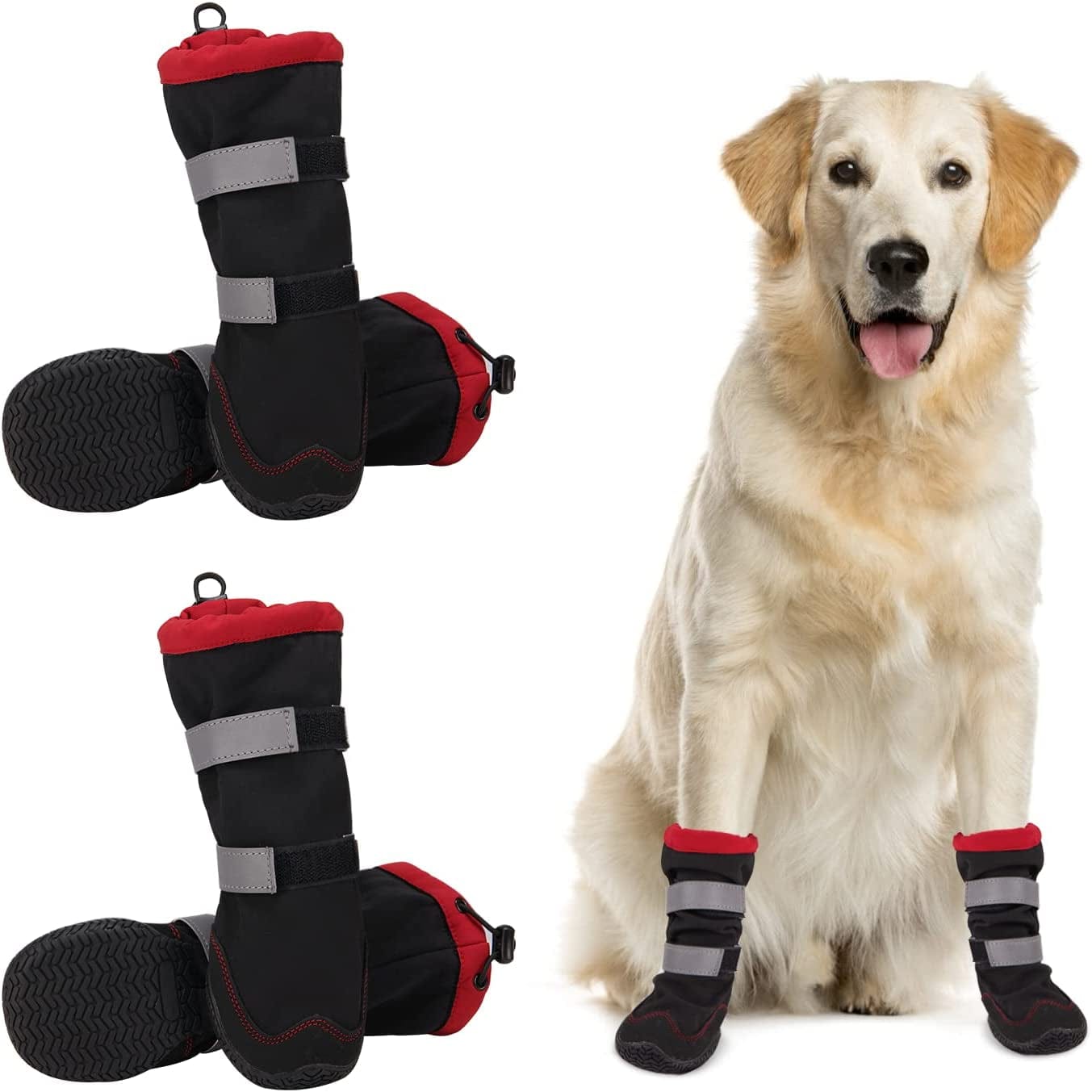 Warm Dog Boots - Fleece Lined Dog Shoes for Medium Large Dogs with Drawstring - Winter Dog Snow Boots with Anti-Slip Rugged Sole - Reflective Waterproof Dog Booties for Walking Hiking Running Outdoor
