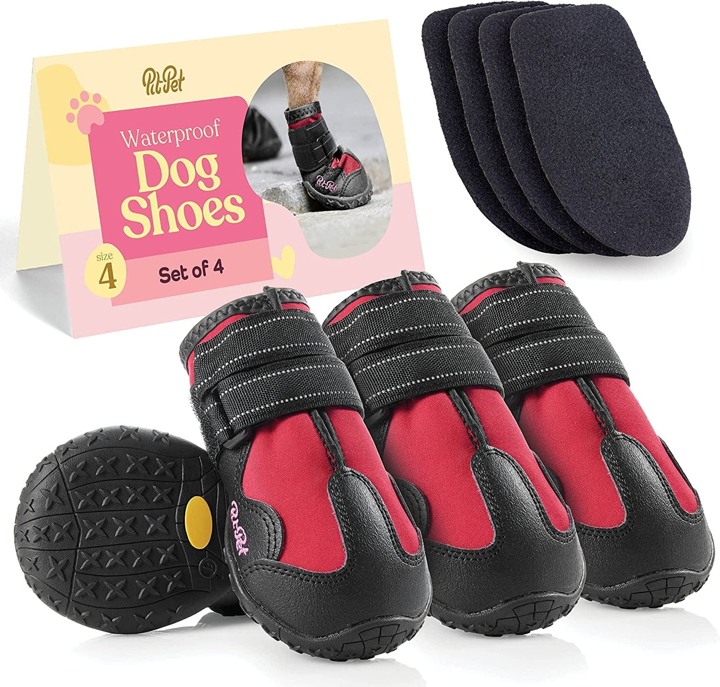 Waterproof Dog Shoes - Stylish Designed Shoes for Dogs - Dog Boots with Non-Slip Rubber Bottom Protects Paw from Hot or Cold Pavement, Dog Booties with Reflective Straps for Dogs Safety, Puppy Shoes. Animals & Pet Supplies > Pet Supplies > Dog Supplies > Dog Apparel PitPet Red Size 4: 2.17"Width 2.48"Length 