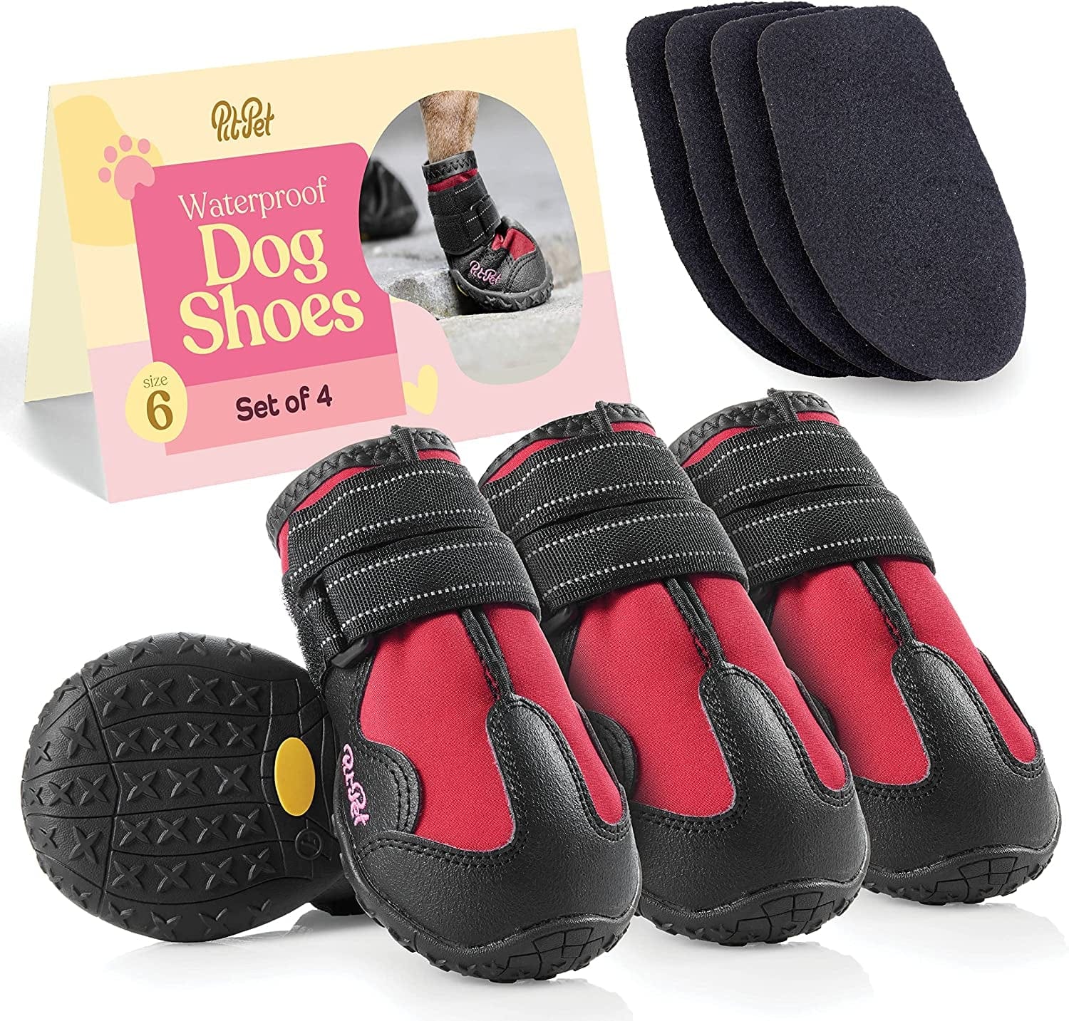 Waterproof Dog Shoes - Stylish Designed Shoes for Dogs - Dog Boots with Non-Slip Rubber Bottom Protects Paw from Hot or Cold Pavement, Dog Booties with Reflective Straps for Dogs Safety, Puppy Shoes. Animals & Pet Supplies > Pet Supplies > Dog Supplies > Dog Apparel PitPet Red Size 6: 2.56"Width 2.8"Length 