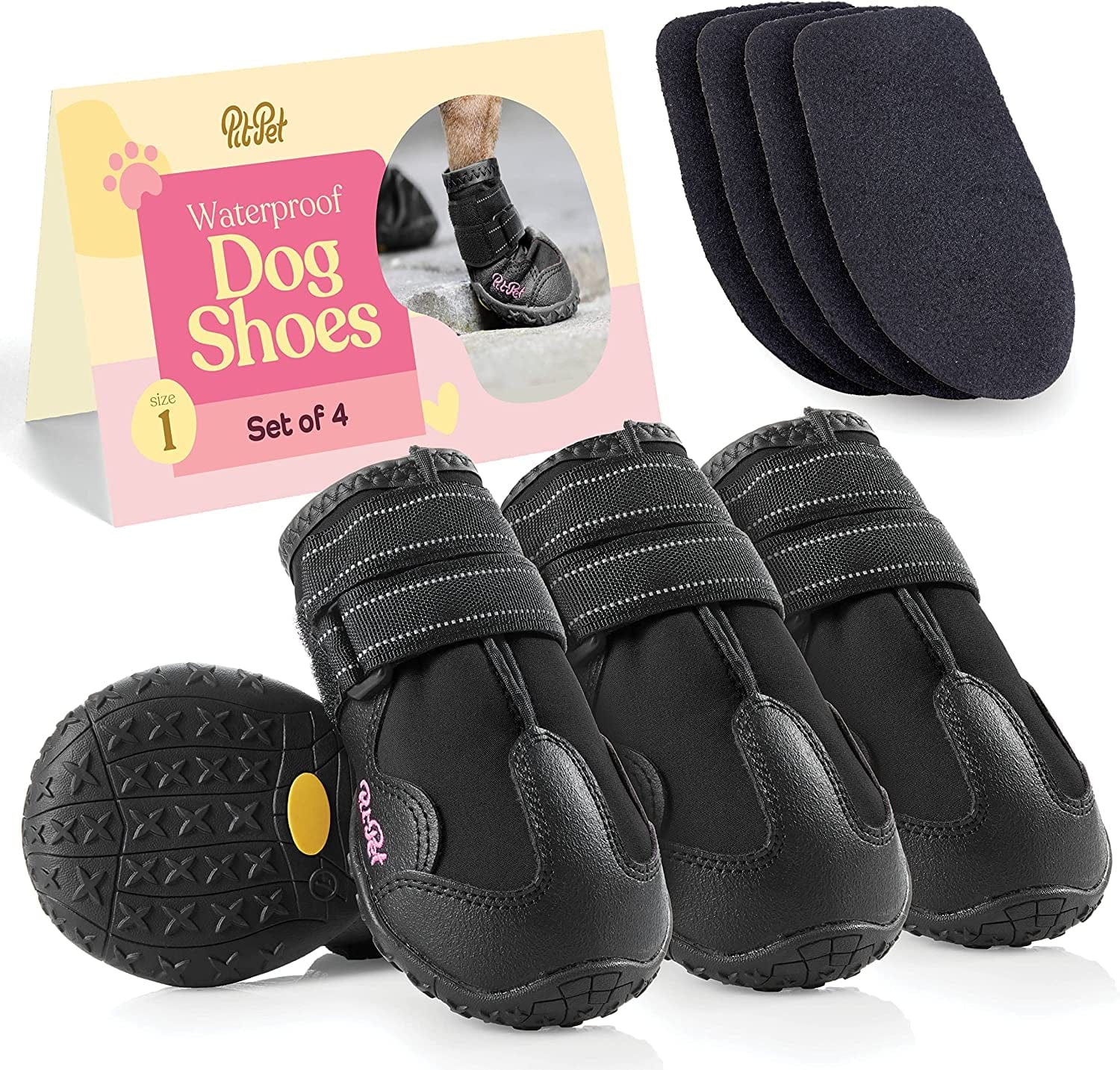 Waterproof Dog Shoes - Stylish Designed Shoes for Dogs - Dog Boots with Non-Slip Rubber Bottom Protects Paw from Hot or Cold Pavement, Dog Booties with Reflective Straps for Dogs Safety, Puppy Shoes. Animals & Pet Supplies > Pet Supplies > Dog Supplies > Dog Apparel PitPet Black Size 1: 1.65"Width 2.01"Length 