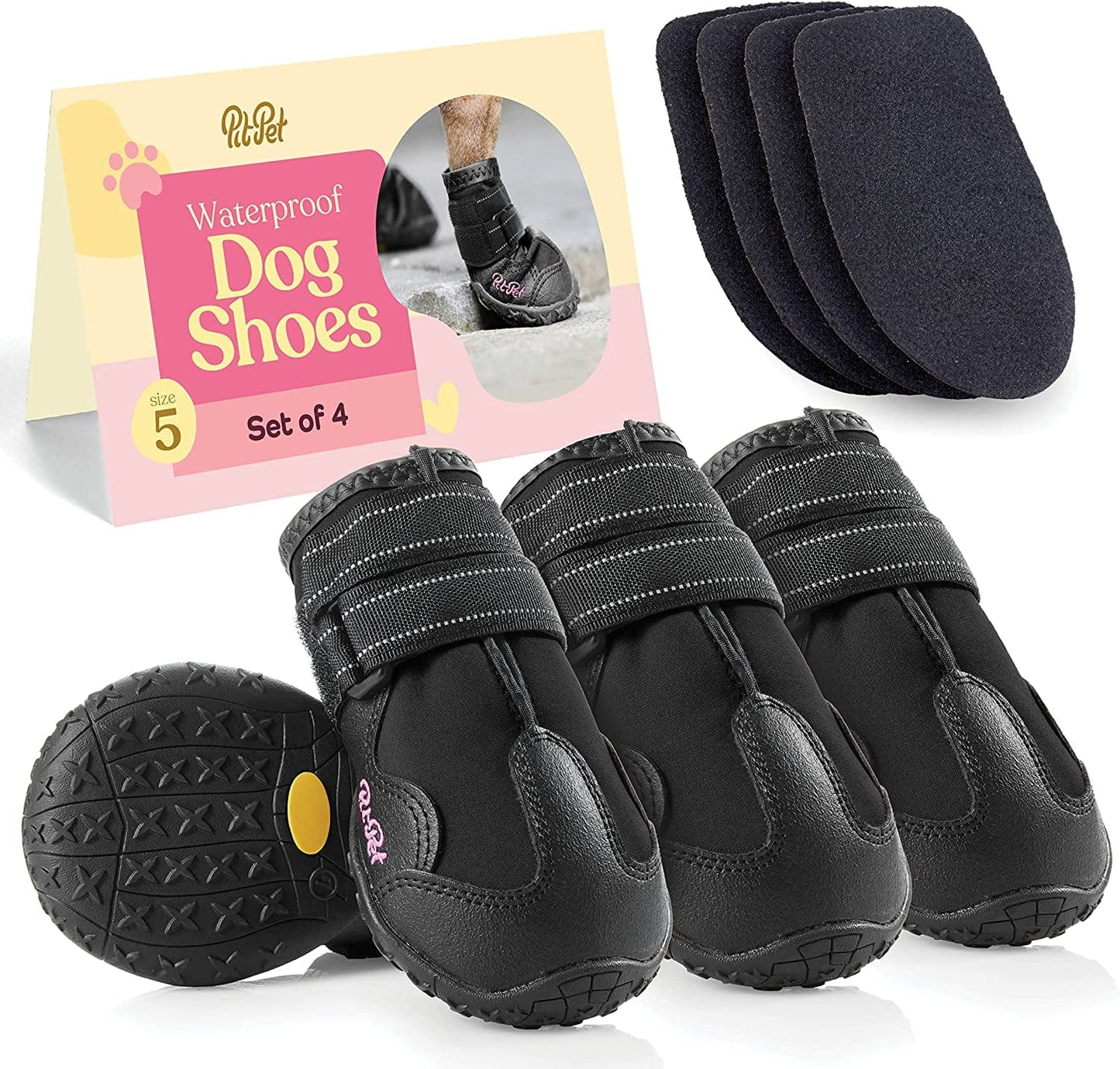 Waterproof Dog Shoes - Stylish Designed Shoes for Dogs - Dog Boots with Non-Slip Rubber Bottom Protects Paw from Hot or Cold Pavement, Dog Booties with Reflective Straps for Dogs Safety, Puppy Shoes. Animals & Pet Supplies > Pet Supplies > Dog Supplies > Dog Apparel PitPet Black Size 5: 2.44"Width 2.8"Length 