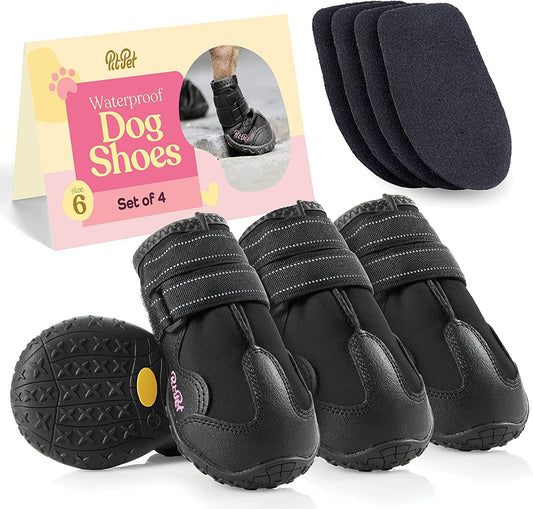 Waterproof Dog Shoes - Stylish Designed Shoes for Dogs - Dog Boots with Non-Slip Rubber Bottom Protects Paw from Hot or Cold Pavement, Dog Booties with Reflective Straps for Dogs Safety, Puppy Shoes. Animals & Pet Supplies > Pet Supplies > Dog Supplies > Dog Apparel PitPet Black Size 6: 2.56"Width 2.8"Length 