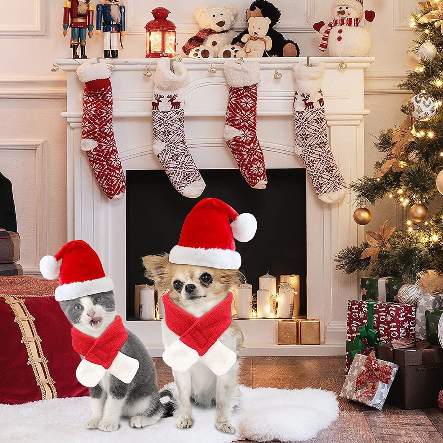 Wegoxiao Christmas Dog Santa Hat with Scarf Set, Adjustable Santa Hat for Dog and Pet Knit Red Scarf, Dog Winter Neck Warmer Scarf, Christmas Party Dressup Animals & Pet Supplies > Pet Supplies > Dog Supplies > Dog Apparel WeGoxiao   