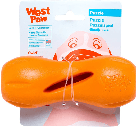 WEST PAW Zogoflex Qwizl Dog Puzzle Treat Toy – Interactive Chew Toy for Dogs – Dispenses Pet Treats – Brightly-Colored Dog Puzzles for Aggressive Chewers, Fetch, Catch, Non-Toxic, Made in USA Animals & Pet Supplies > Pet Supplies > Dog Supplies > Dog Toys West Paw   
