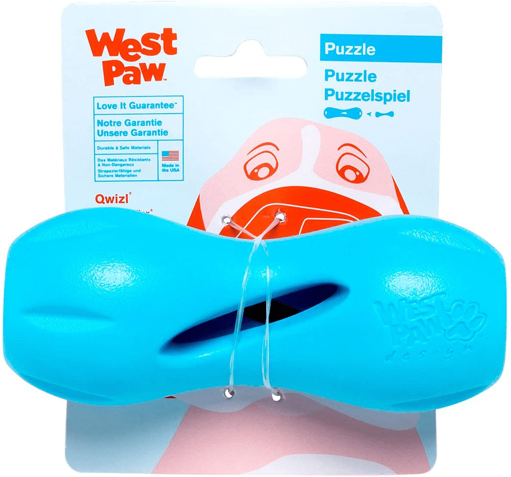 WEST PAW Zogoflex Qwizl Dog Puzzle Treat Toy – Interactive Chew Toy for Dogs – Dispenses Pet Treats – Brightly-Colored Dog Puzzles for Aggressive Chewers, Fetch, Catch, Non-Toxic, Made in USA Animals & Pet Supplies > Pet Supplies > Dog Supplies > Dog Toys West Paw Aqua Blue Small 