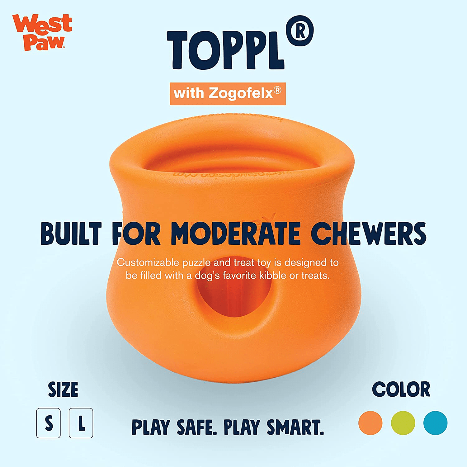 WEST PAW Zogoflex Toppl Treat Dispensing Dog Toy Puzzle – Interactive Chew Toys for Dogs – Dog Toy for Moderate Chewers, Fetch, Catch – Holds Kibble, Dog Training Treats, Made in USA Animals & Pet Supplies > Pet Supplies > Dog Supplies > Dog Toys West Paw   