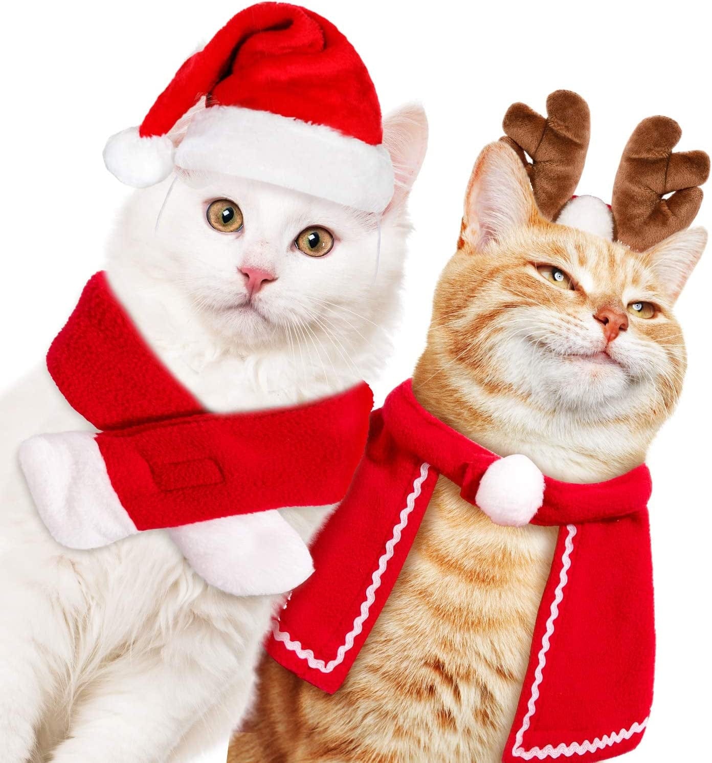 Whaline Pet Christmas Costume Outfit Set Reindeer Antlers Headband Santa Christmsas Hat Red Scarf and Pet Cloak for Dog Cat Pet Christmas Party Cosplay Supplies, 4 Pack Animals & Pet Supplies > Pet Supplies > Dog Supplies > Dog Apparel Whaline   