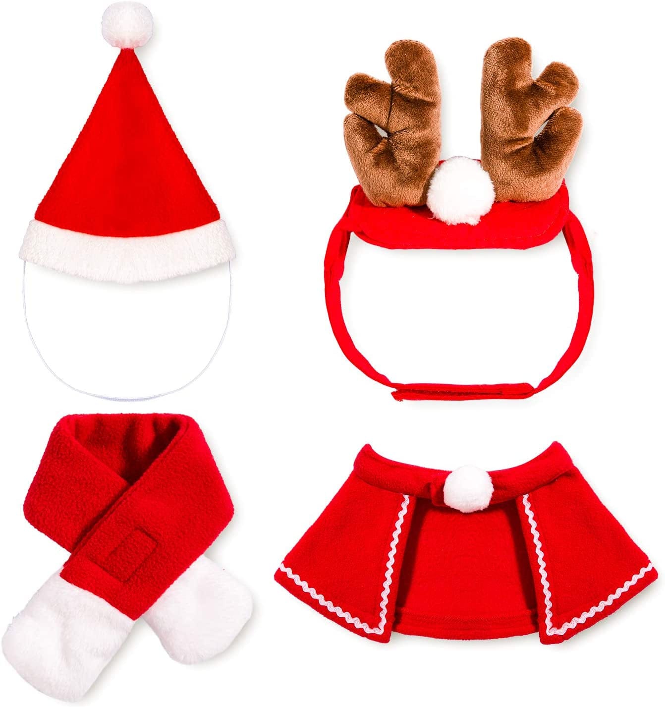 Whaline Pet Christmas Costume Outfit Set Reindeer Antlers Headband Santa Christmsas Hat Red Scarf and Pet Cloak for Dog Cat Pet Christmas Party Cosplay Supplies, 4 Pack Animals & Pet Supplies > Pet Supplies > Dog Supplies > Dog Apparel Whaline   