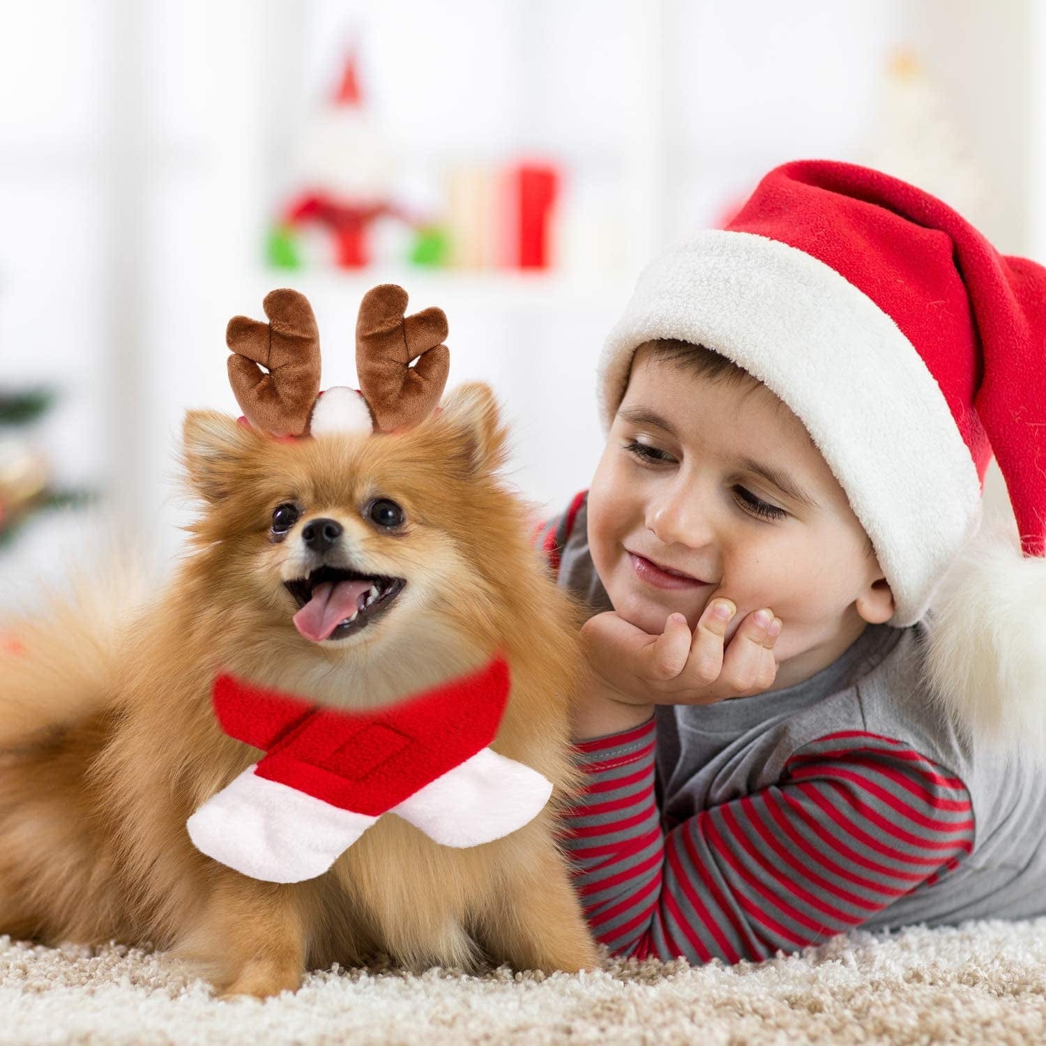 Whaline Pet Christmas Costume Outfit Set Reindeer Antlers Headband Santa Christmsas Hat Red Scarf and Pet Cloak for Dog Cat Pet Christmas Party Cosplay Supplies, 4 Pack Animals & Pet Supplies > Pet Supplies > Dog Supplies > Dog Apparel Whaline   