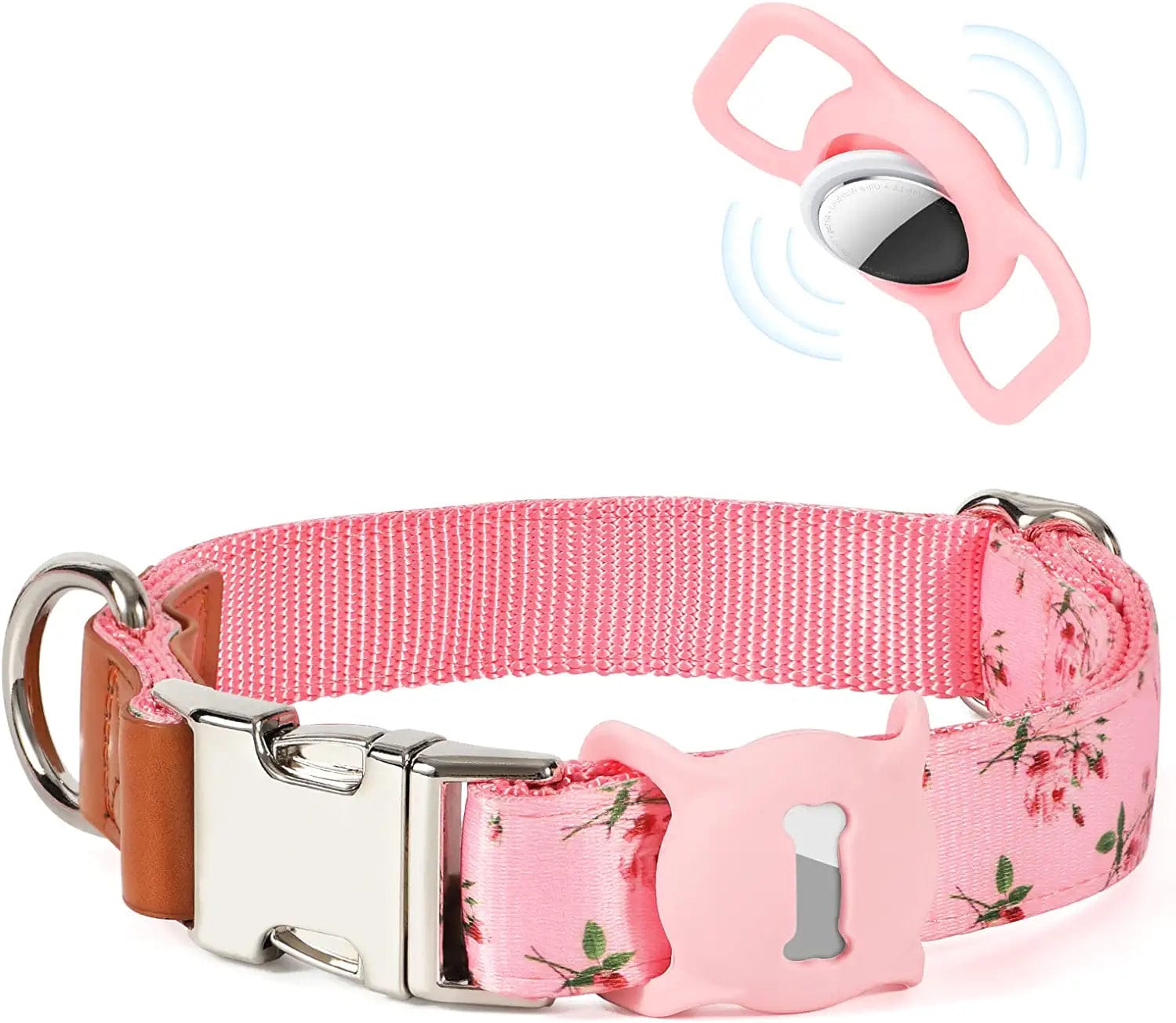 WHIPPY Airtag Dog Collar Adjustable Apple Air Tag Accessories Dog Collar Heavy Duty Metal Buckle Floral Dog Collar with Airtag Holder Case for Small Medium Large Dog Pet,M,Green Electronics > GPS Accessories > GPS Cases WHIPPY A-Pink Flower+AirTag Case S: 11"-15" 