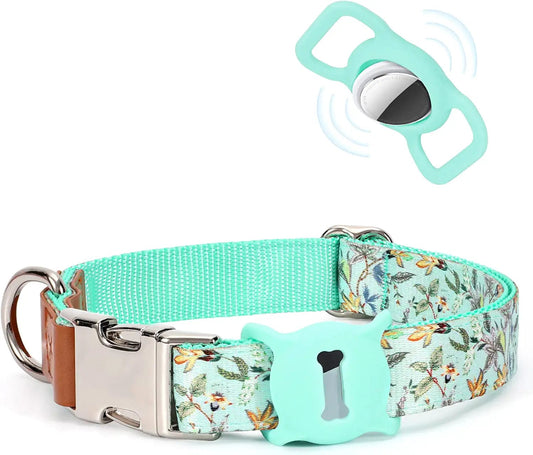 WHIPPY Airtag Dog Collar Adjustable Apple Air Tag Accessories Dog Collar Heavy Duty Metal Buckle Floral Dog Collar with Airtag Holder Case for Small Medium Large Dog Pet,M,Green